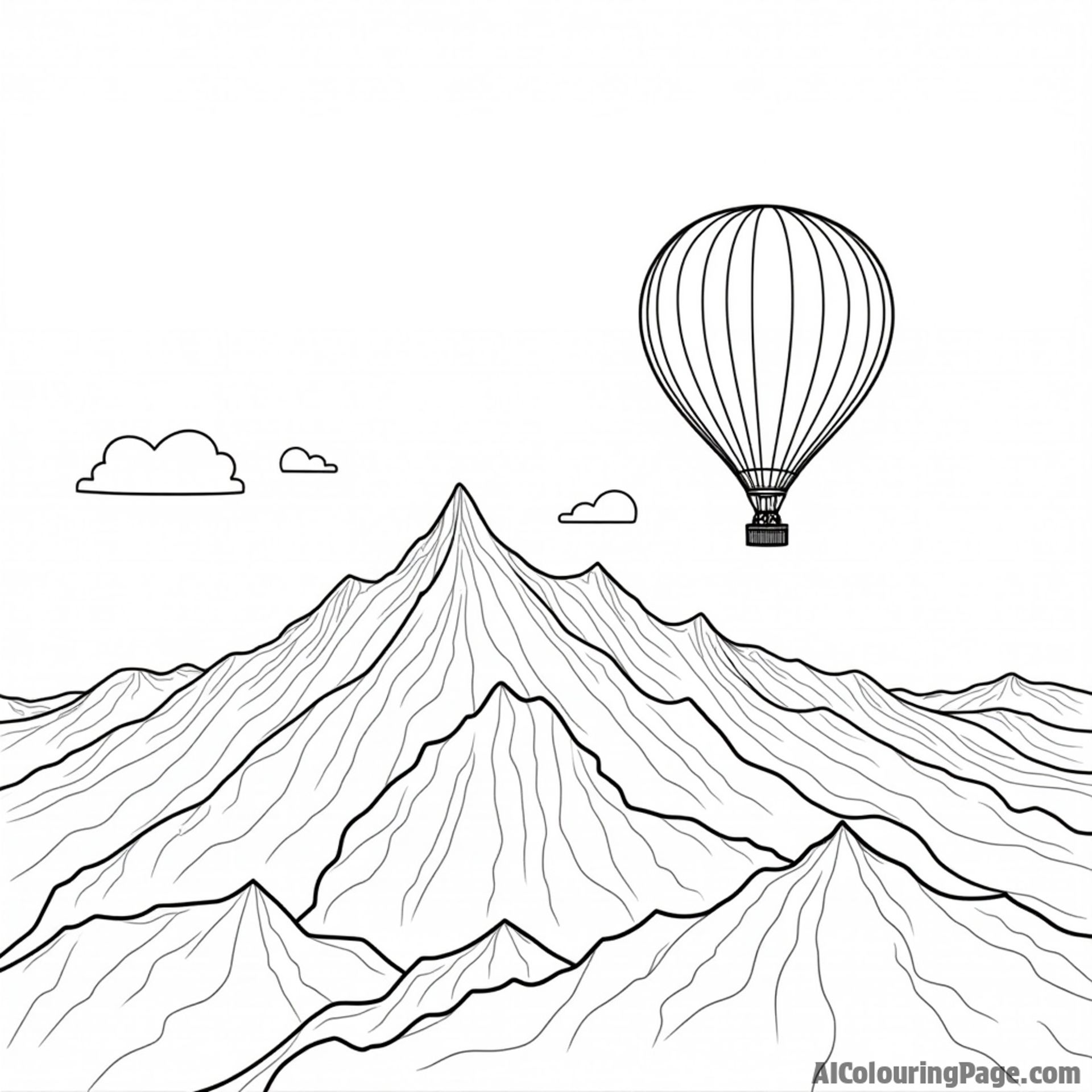 A hot air balloon floating above a vast mountain range.