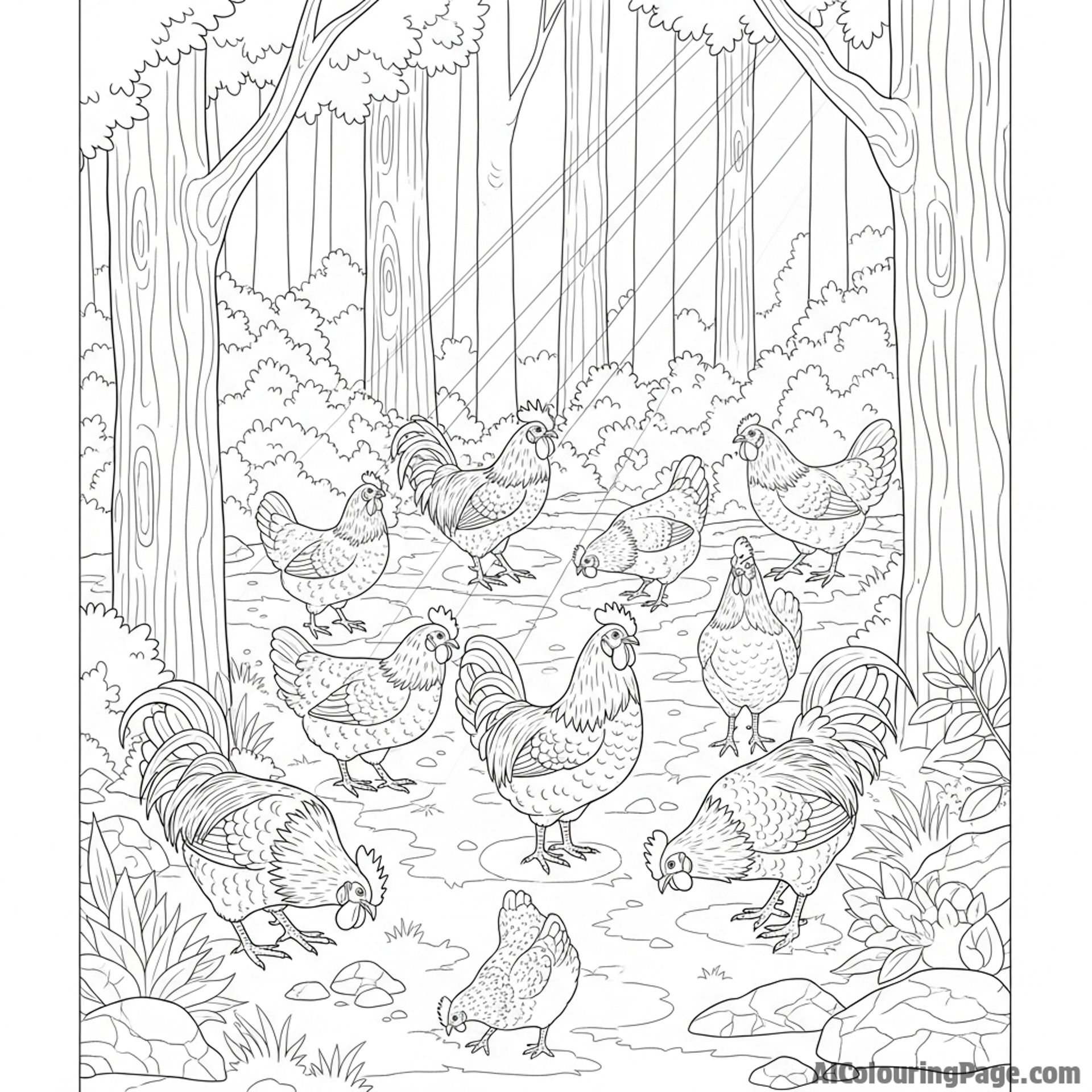 A flock of chickens foraging in a sun-dappled forest.