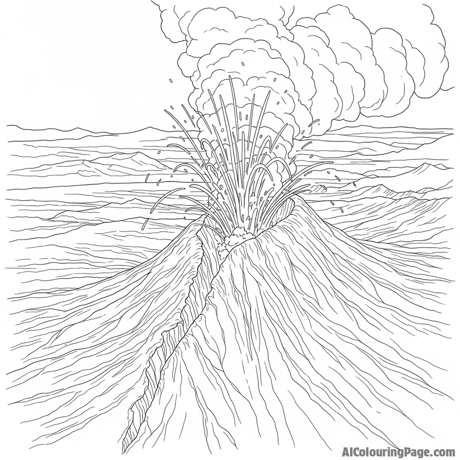 Fissure eruption spreading across a volcanic plain.