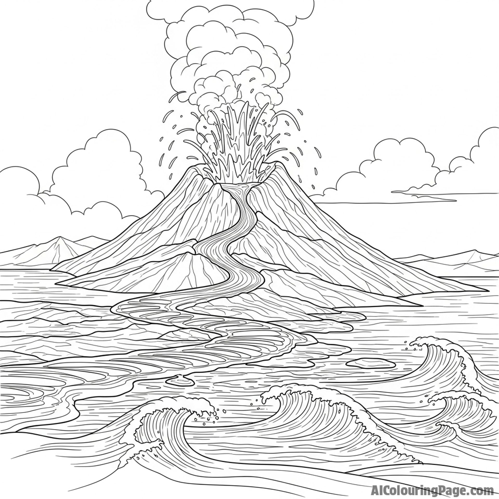 Volcano erupting with lava flowing into the ocean.