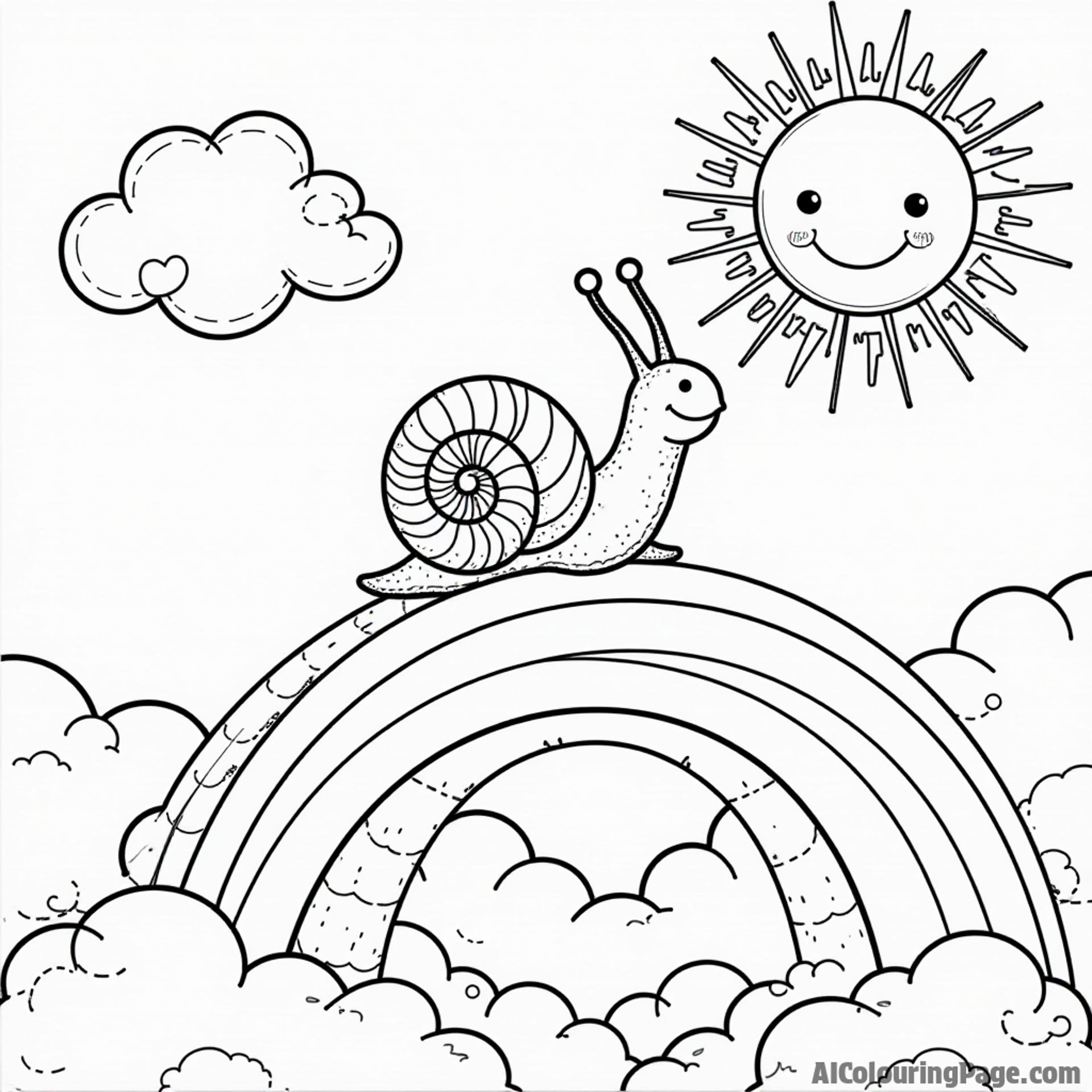 A snail sliding down a rainbow, with clouds and a smiling sun beaming down in a fantastical sky scene.