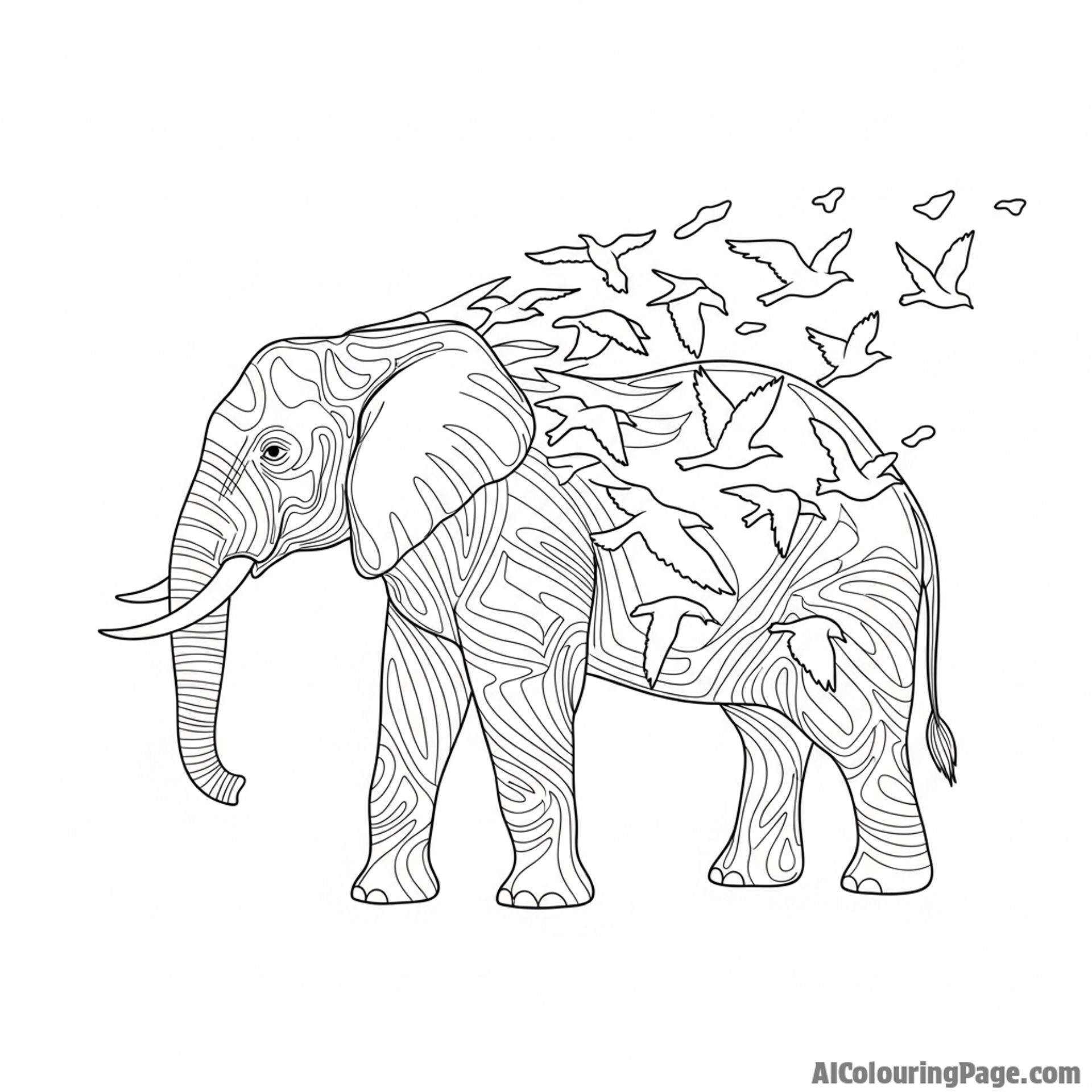 An elephant dissolving into a flock of soaring birds, a surreal transformation.
