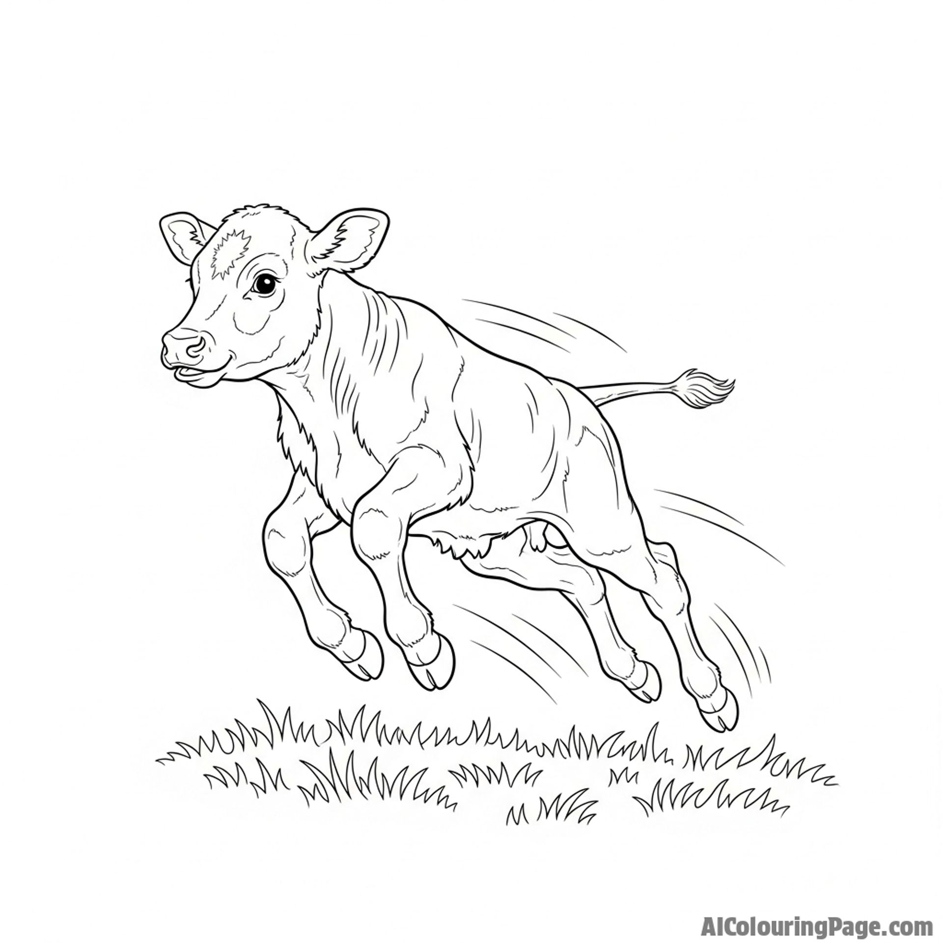 A young calf frolicking and jumping in a pasture, motion blur.