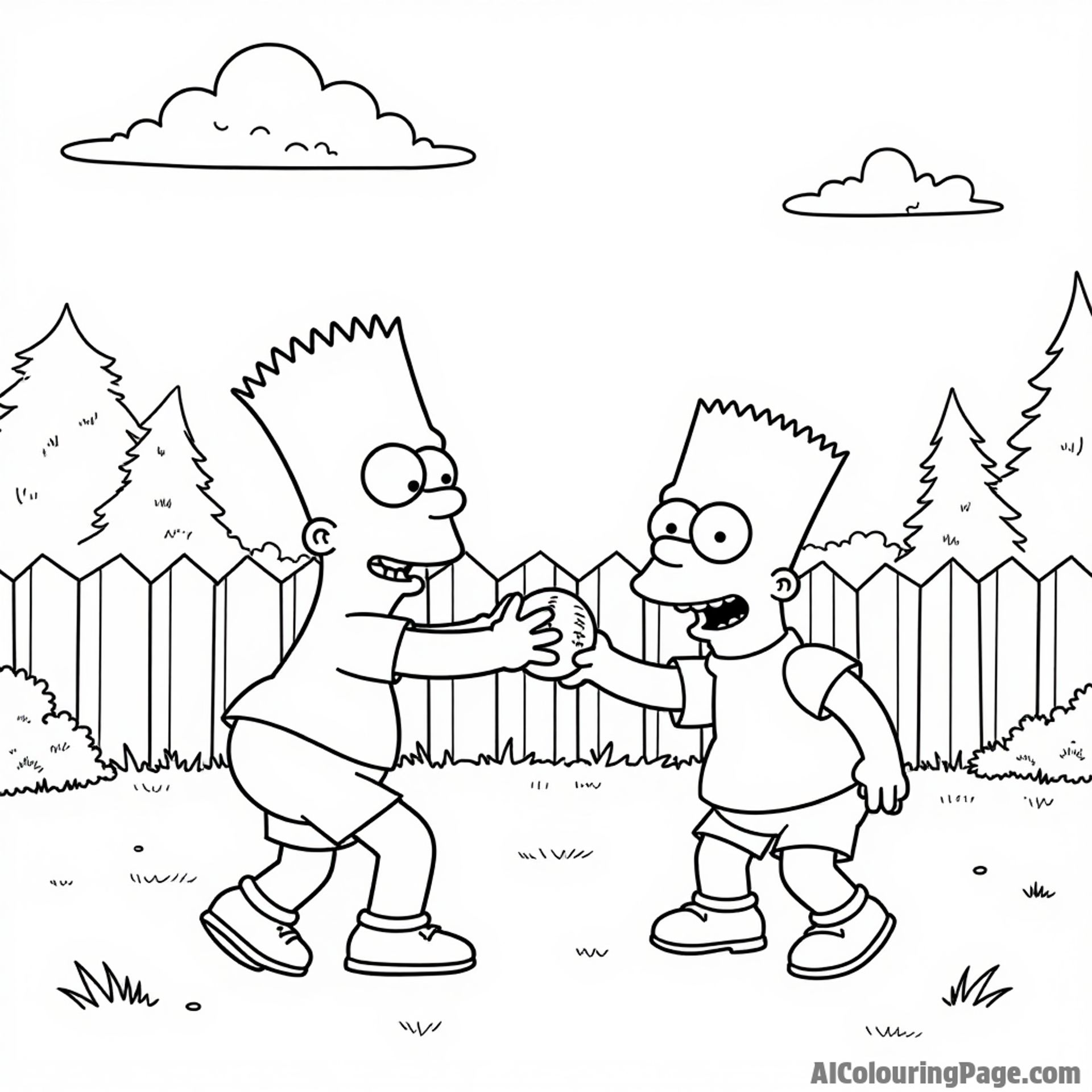 Homer and Bart playing catch in the backyard with a baseball, surrounded by trees and a clear blue sky.