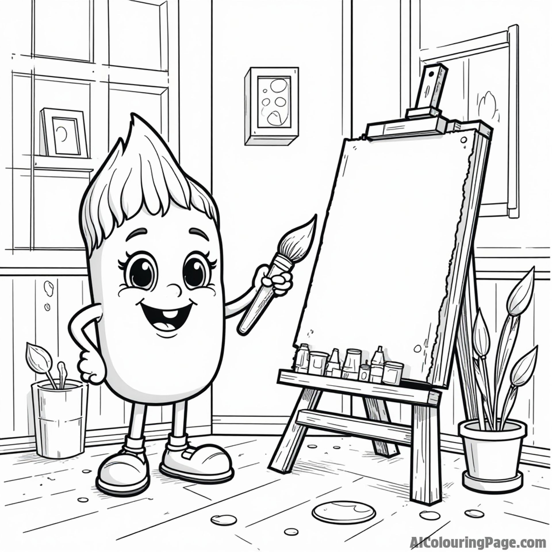 A vibrant art studio with a friendly paintbrush character, a cheerful easel, and playful paint splatters decorating the floor.