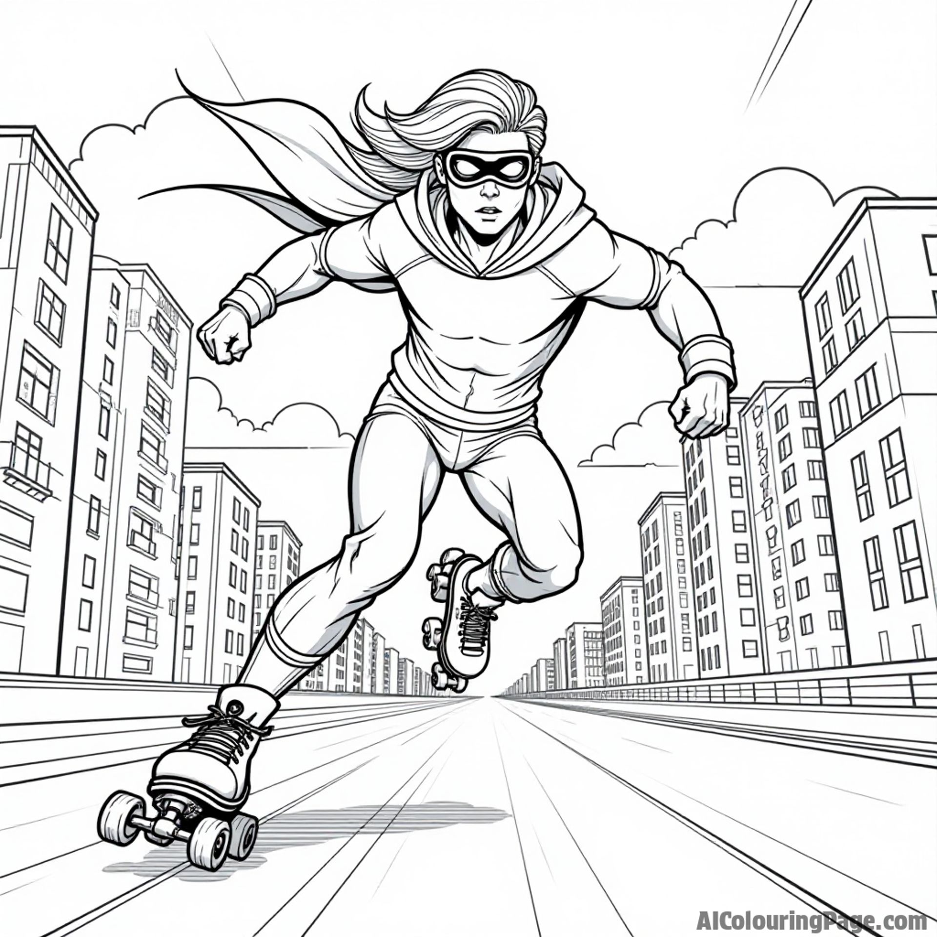 A dynamic scene of a roller-skating superhero zooming past buildings, showcasing speed and agility, inspiring young artists to create their own heroic adventures in a sports-themed coloring page.