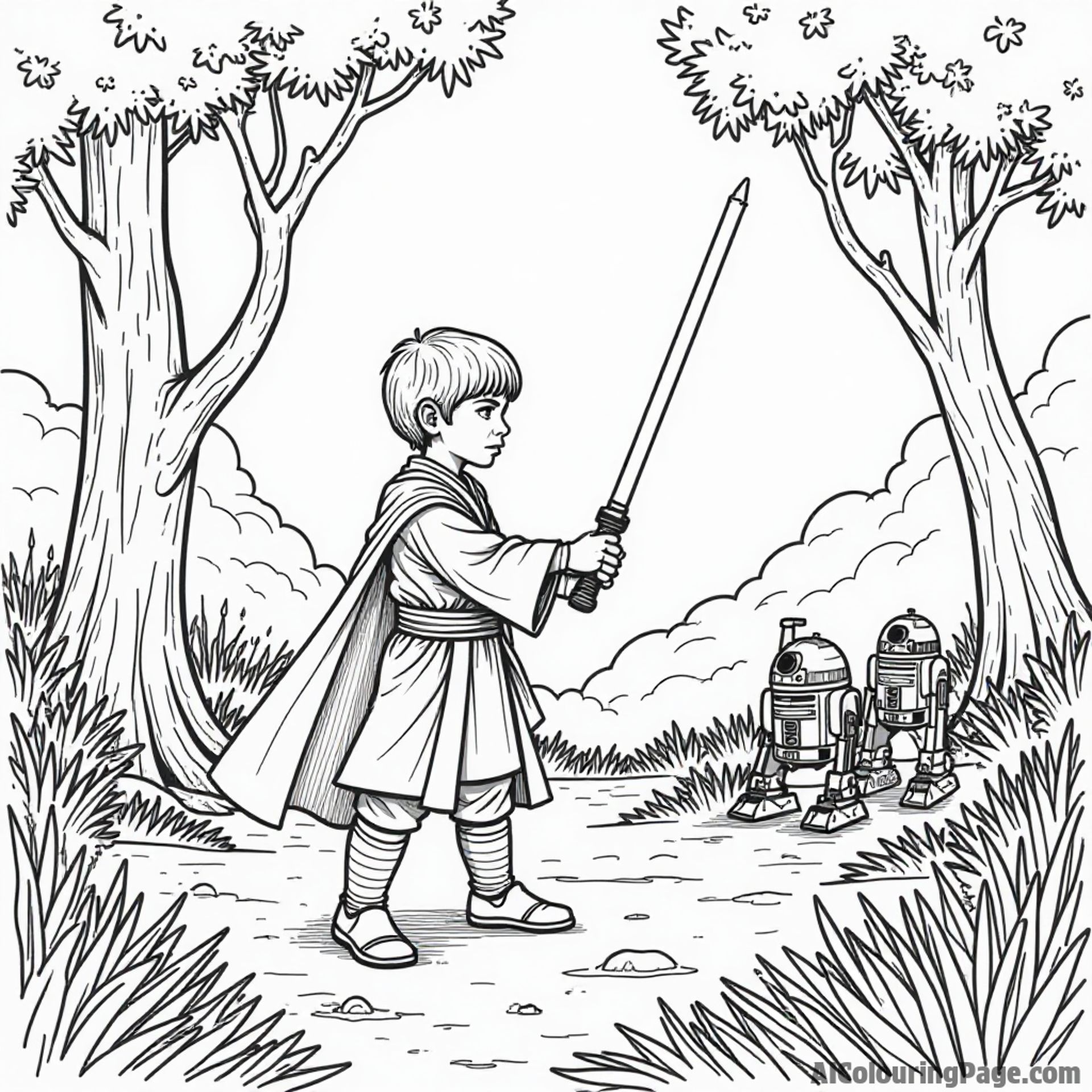 A young Jedi training with a lightsaber in a forest clearing, surrounded by friendly droids and colorful alien plants.