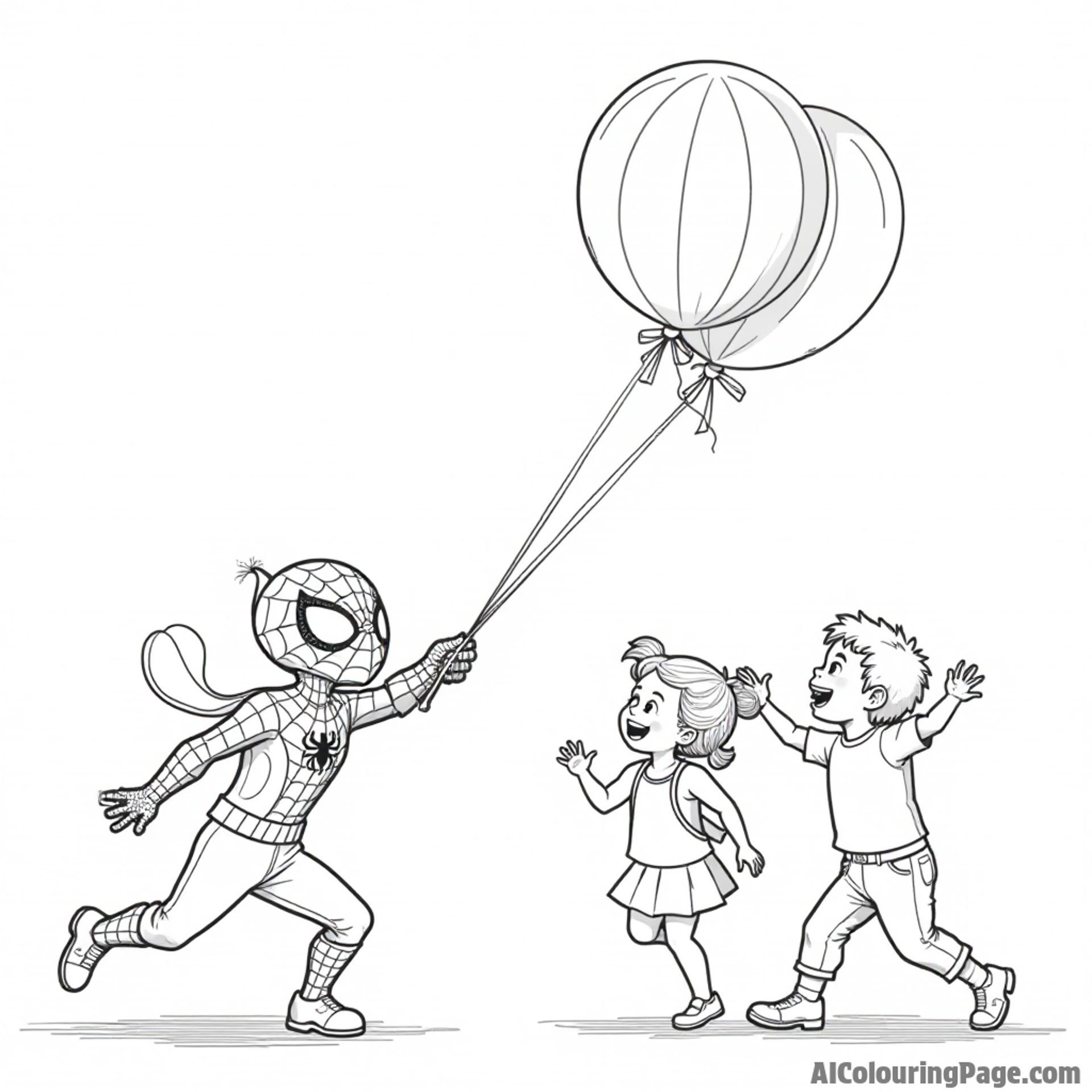 Spiderman shooting webs at a colorful balloon, kids laughing and trying to catch it in a playful scene