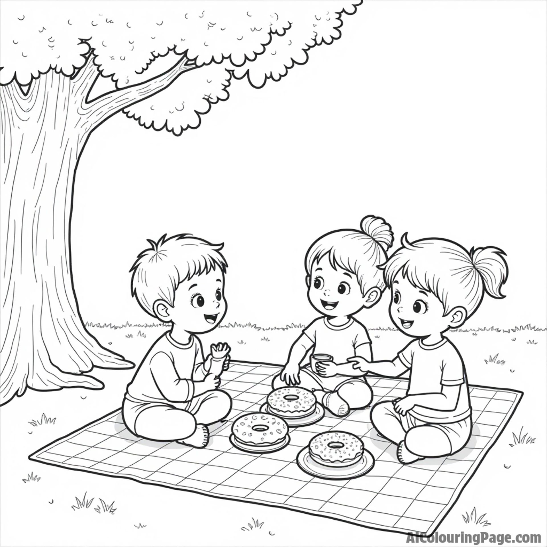 A donut-themed picnic scene with children enjoying donuts, fruit, and lemonade on a checkered blanket under a tree.