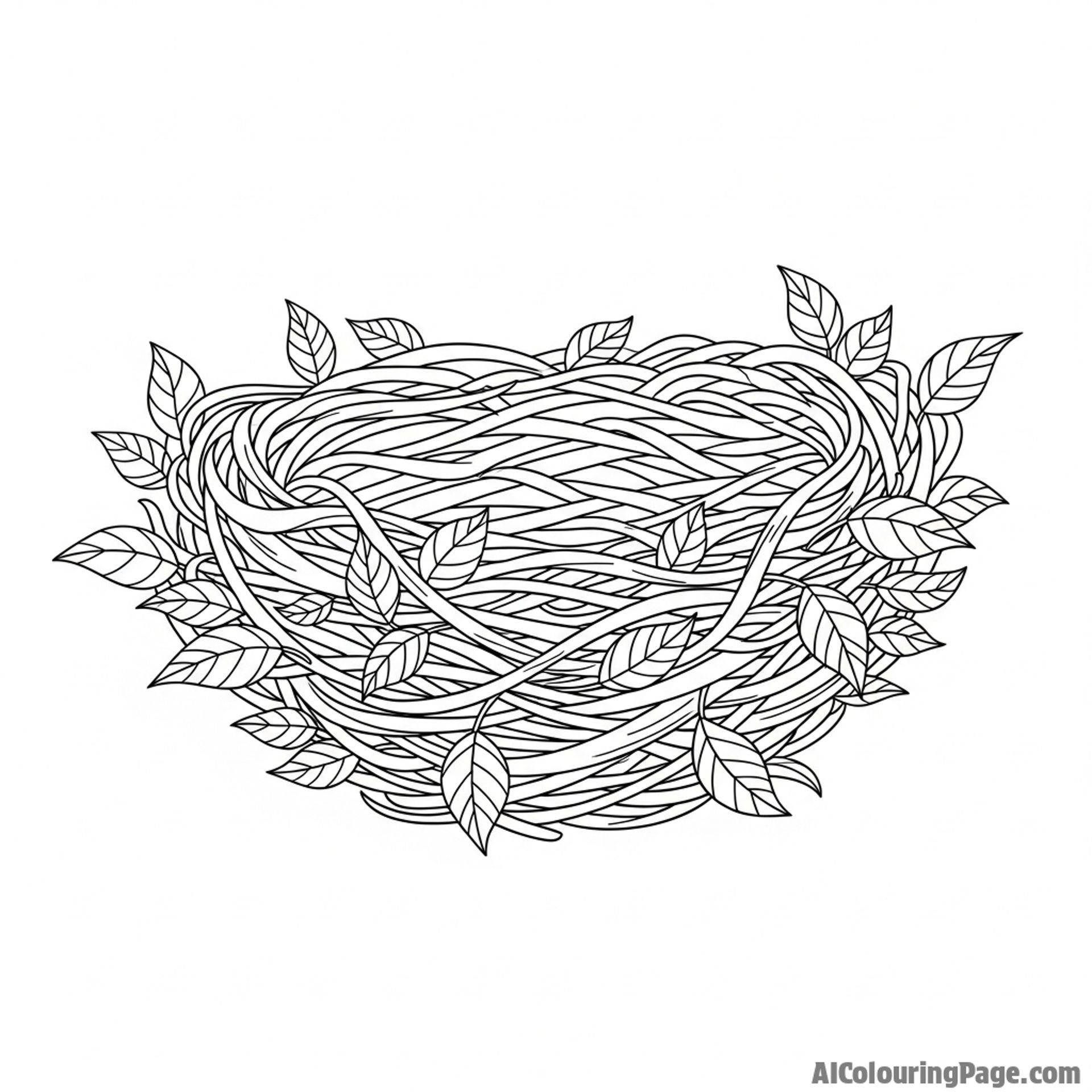 Leaves tangled in a bird's nest, forming part of its structure.