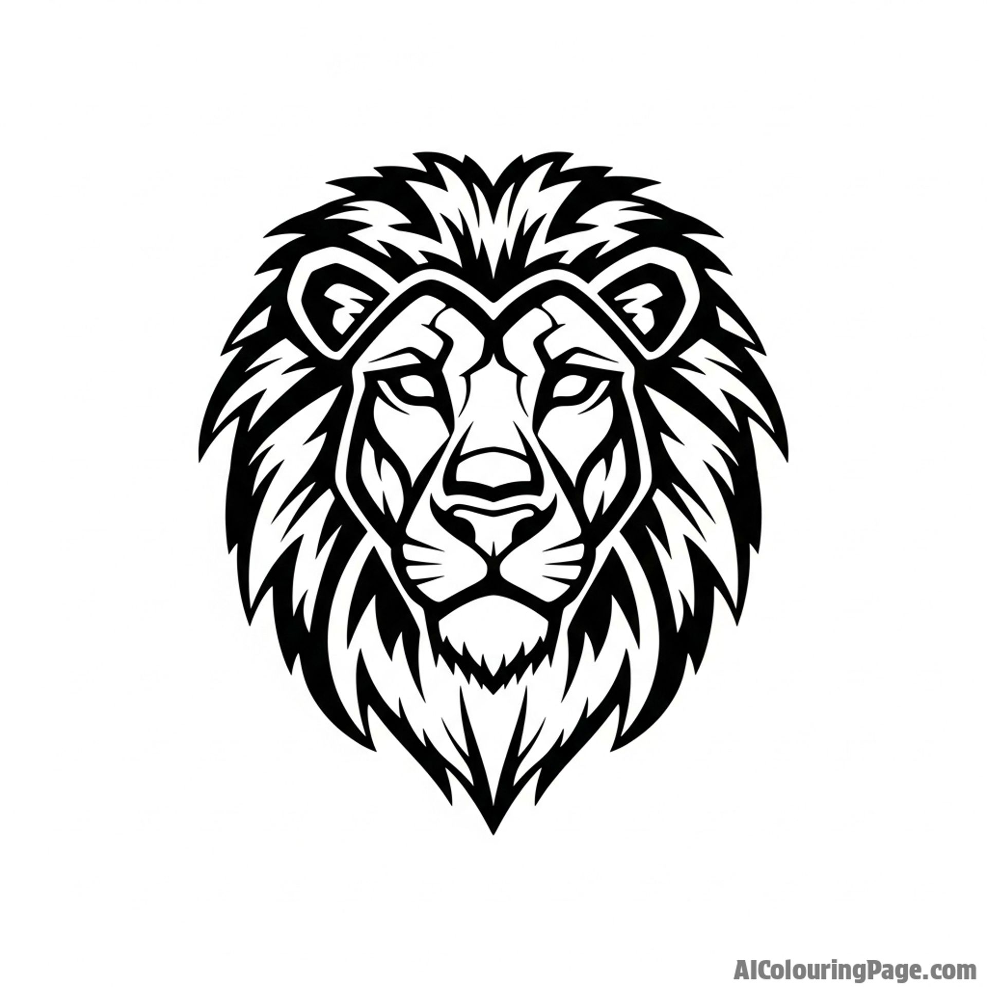 A bold, tribal tattoo design of a stylized lion's head.