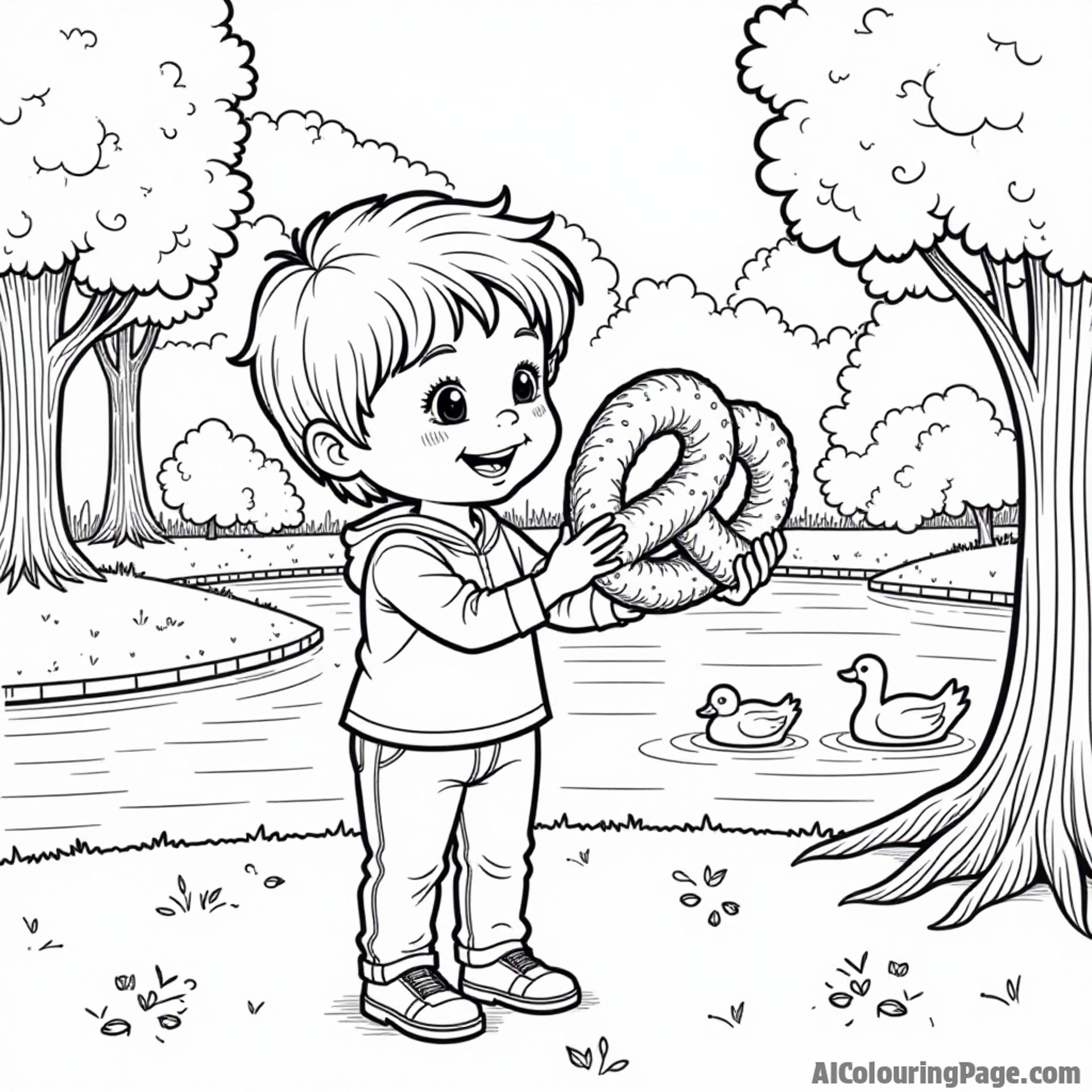 A cheerful child holding a giant pretzel in Central Park, surrounded by tall trees and a small lake with ducks.
