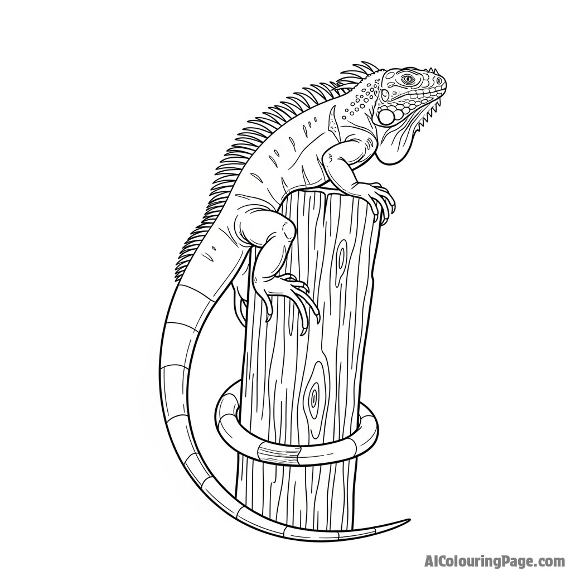An iguana with its long tail wrapped around a weathered wooden post.