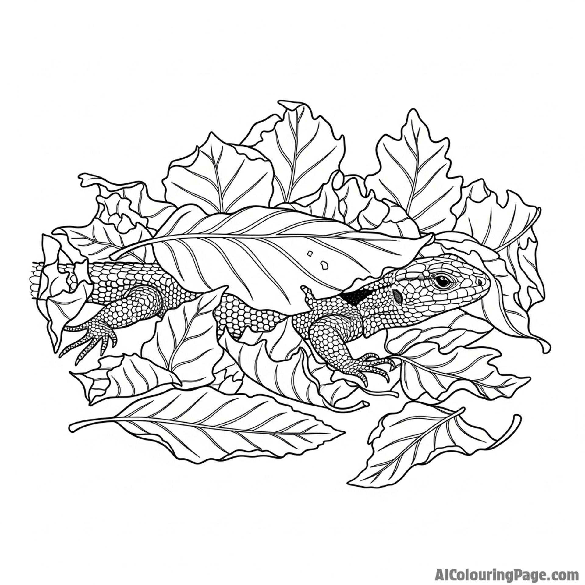 A lizard camouflaged amongst dry, fallen leaves on the forest floor.