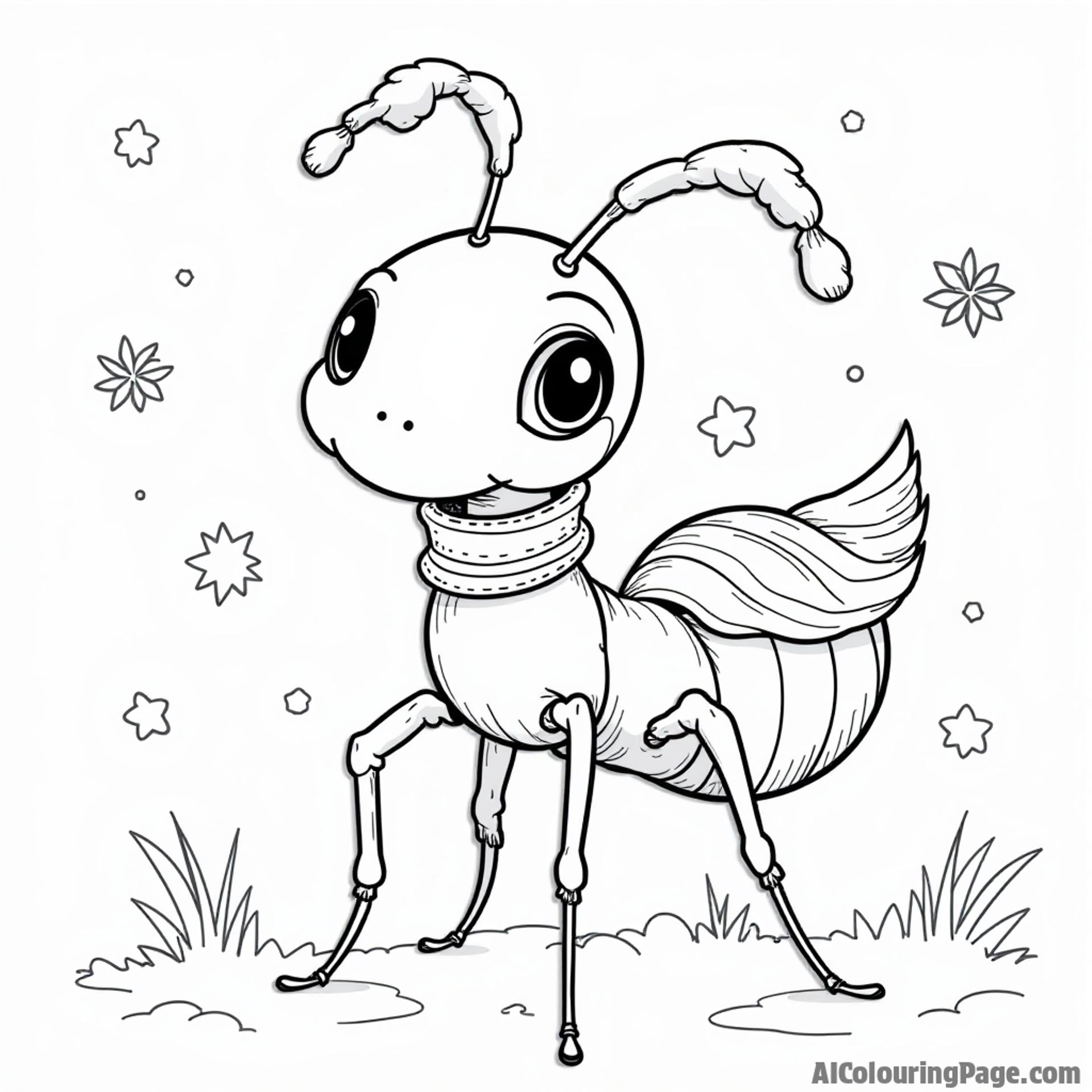 An ant enjoying a snowy day, building a snow ant with a scarf and snowflakes, encouraging seasonal coloring fun.
