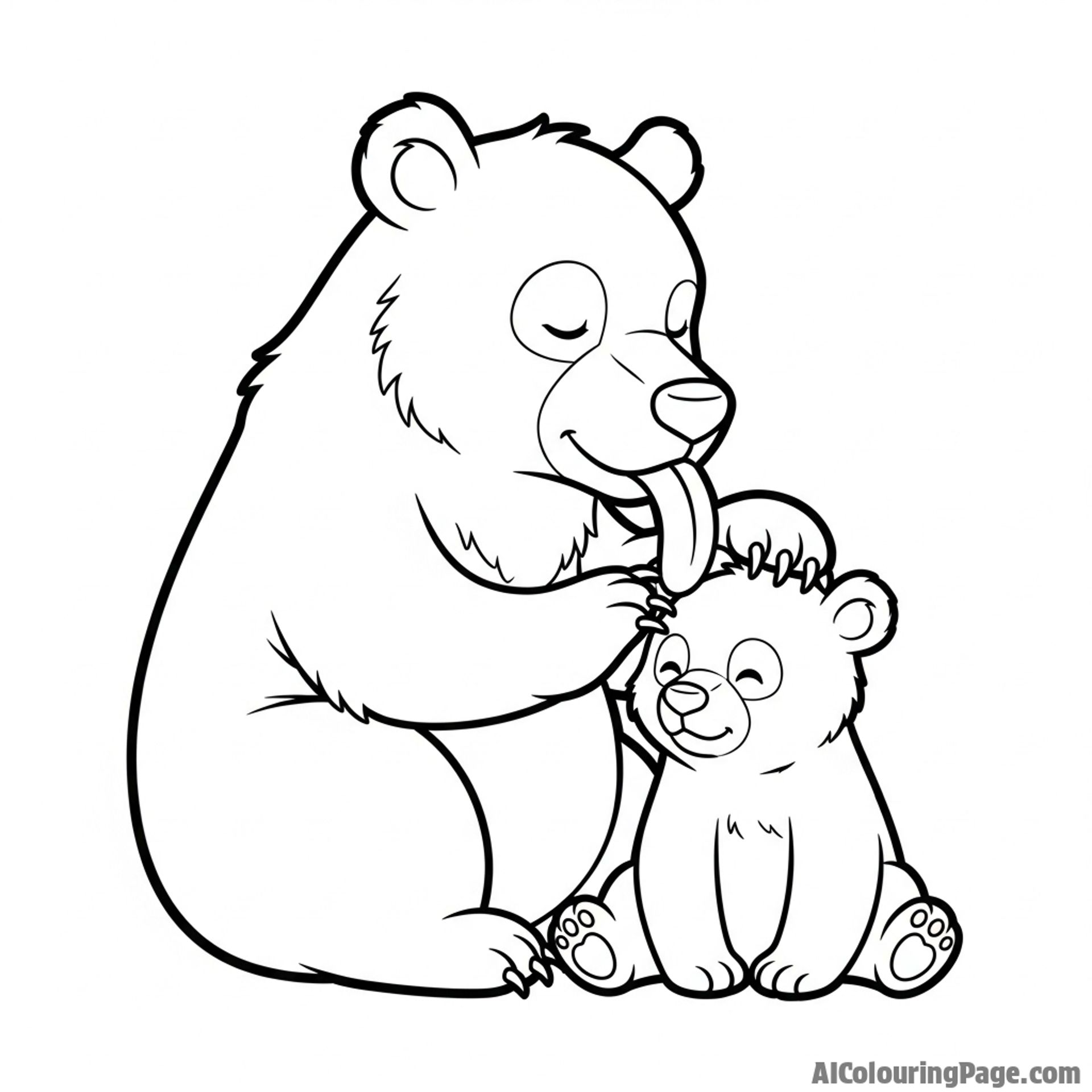 A mother bear grooming her cub with her massive tongue.