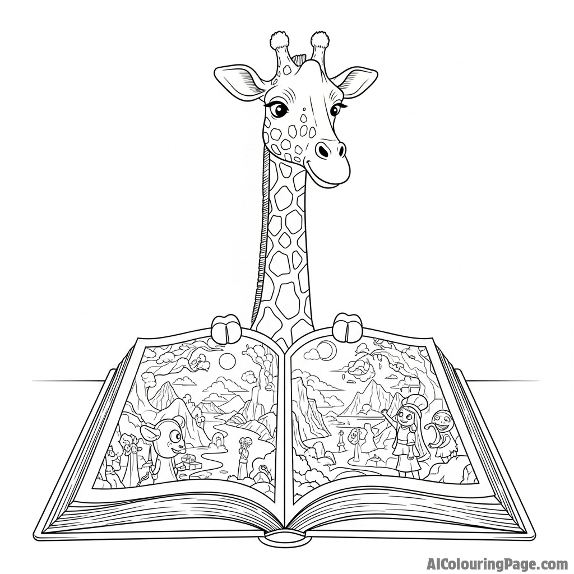 A surreal image of a giraffe peeking over the top of a giant, open storybook.