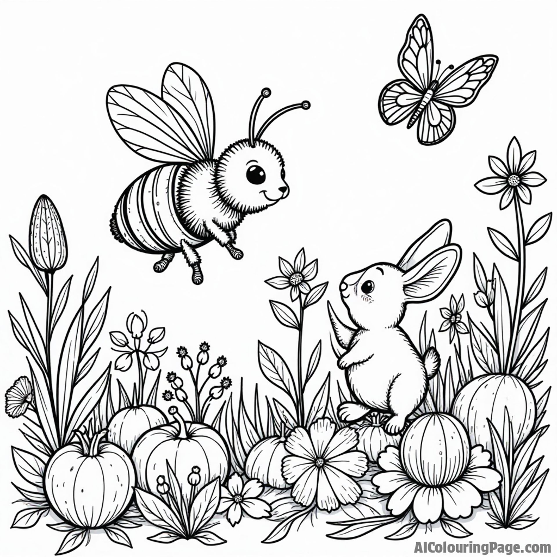 A bee exploring a colorful vegetable garden, with a friendly rabbit and a butterfly joining in the adventure.