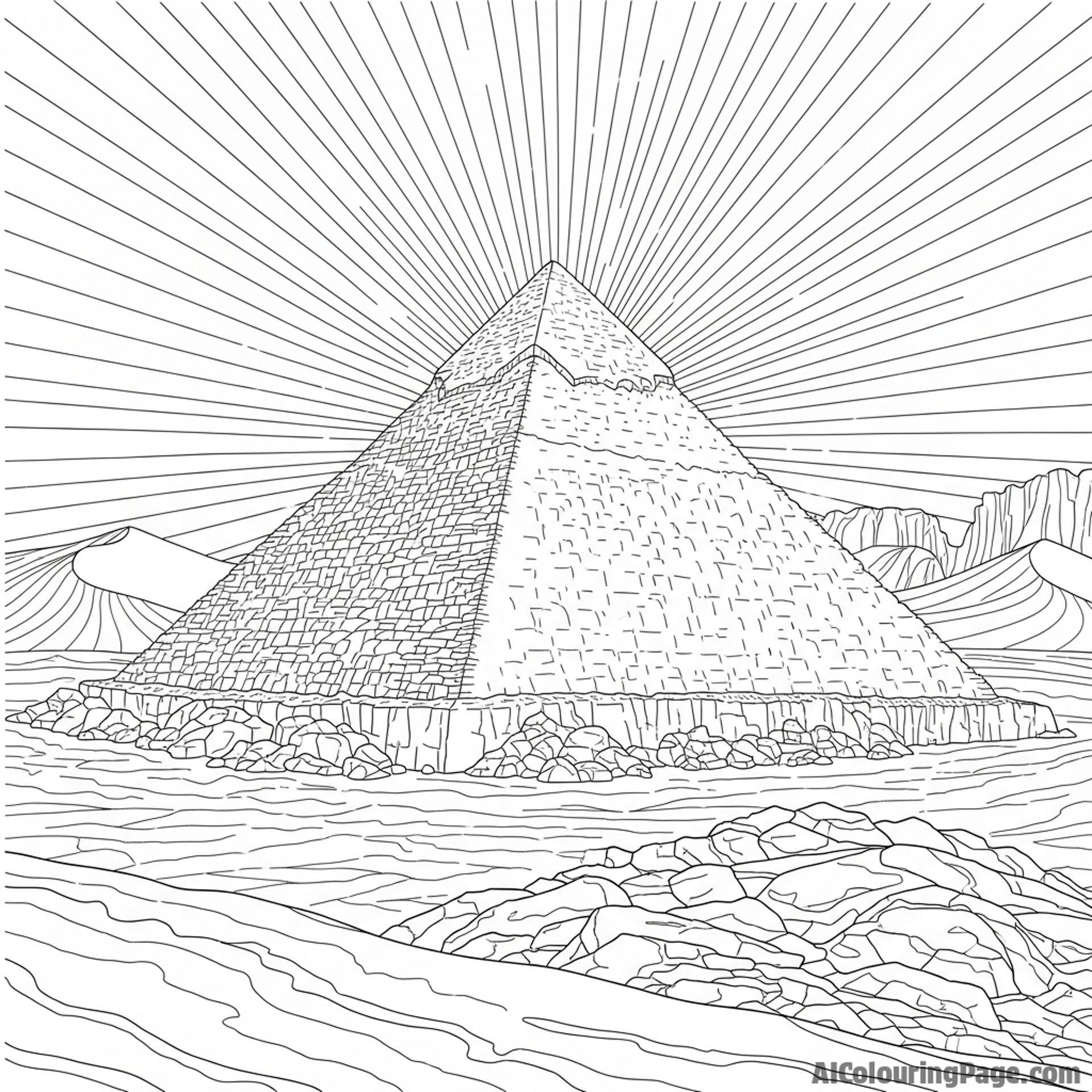 Pyramid formation, natural rock structure, desert heat.
