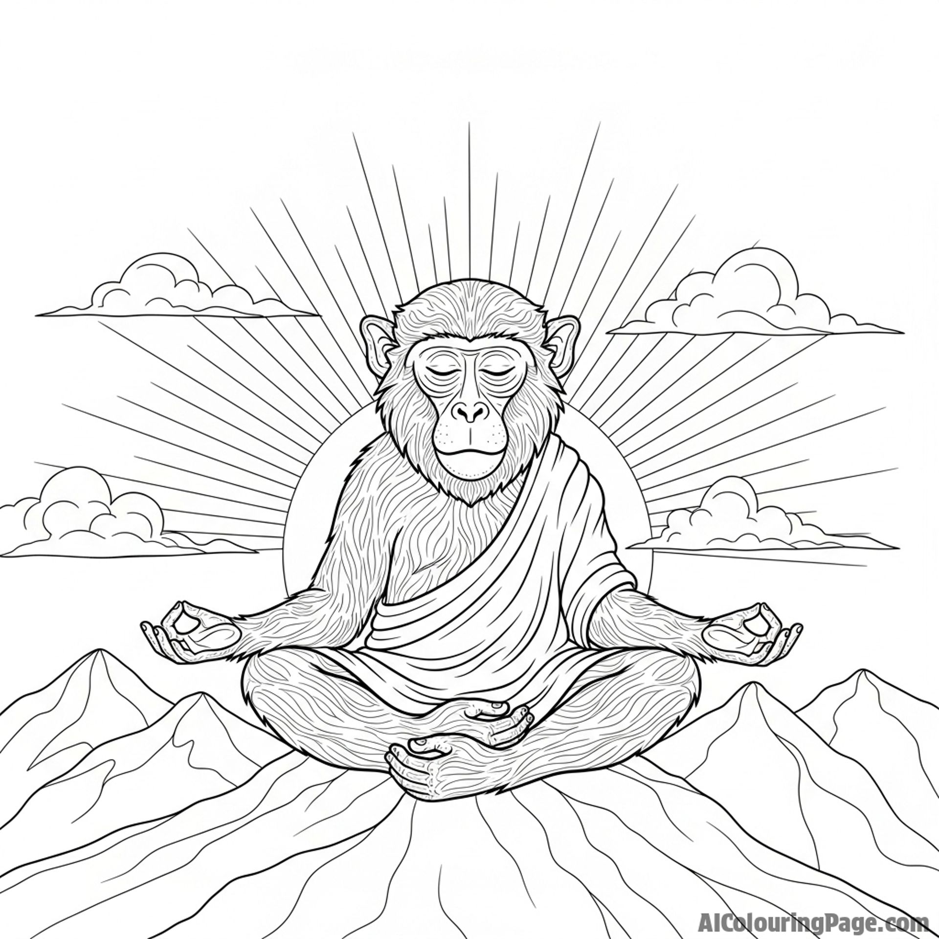 A wise old macaque meditating on a mountaintop at dawn.