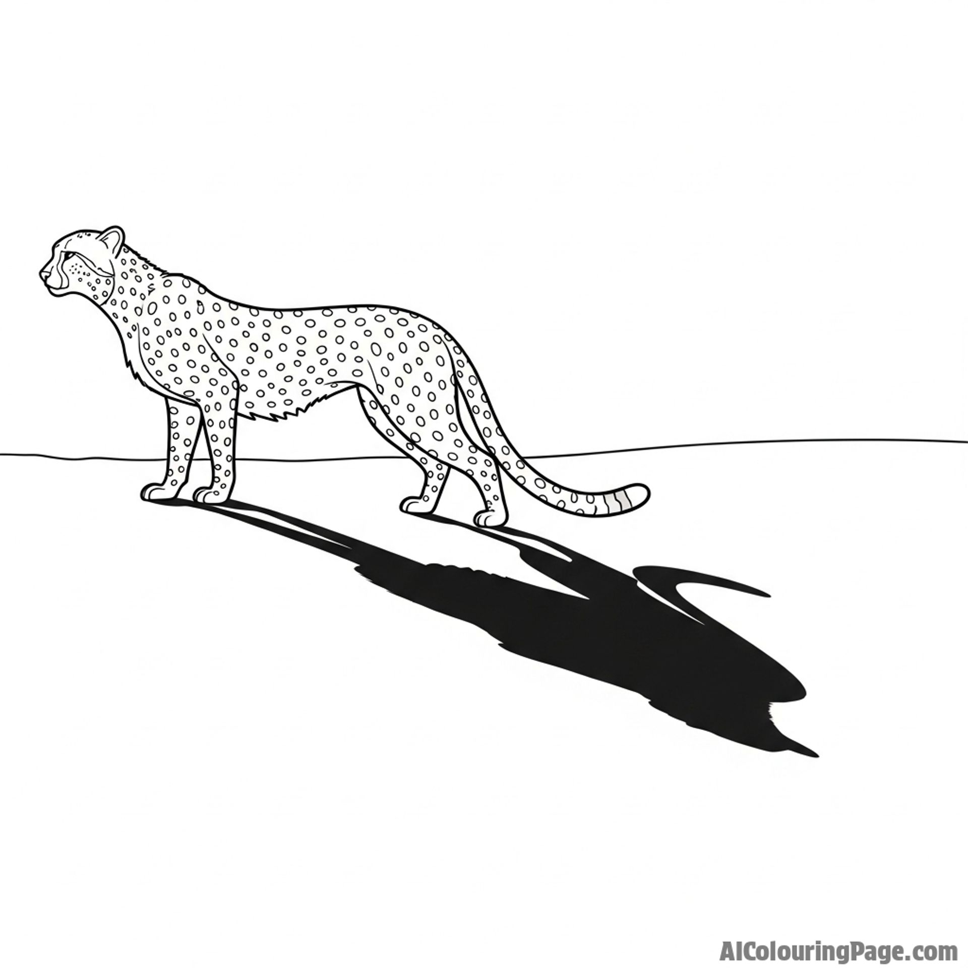 A cheetah's shadow stretching long across the ground in the low light of late afternoon.