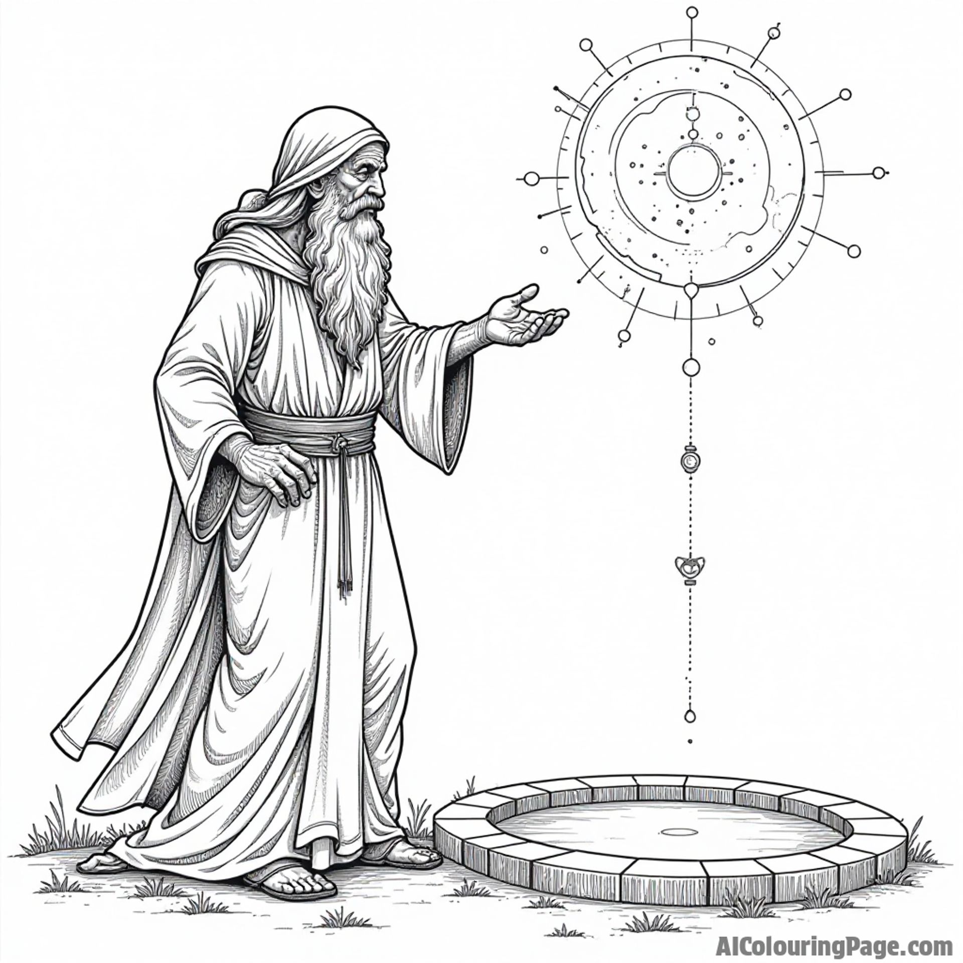 Ancient wizard, etched with wrinkles, conjuring a celestial object above a stone circle.