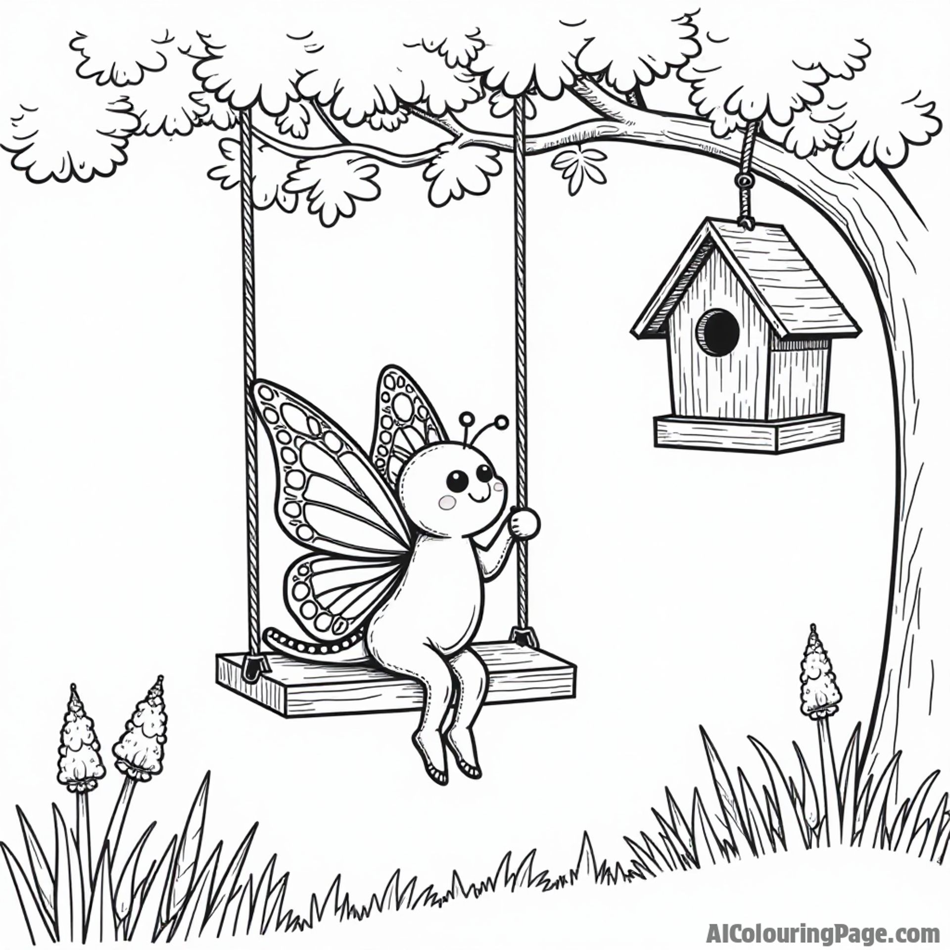 A butterfly sitting on a swing hanging from a tree, with a birdhouse in the background inviting kids to color.