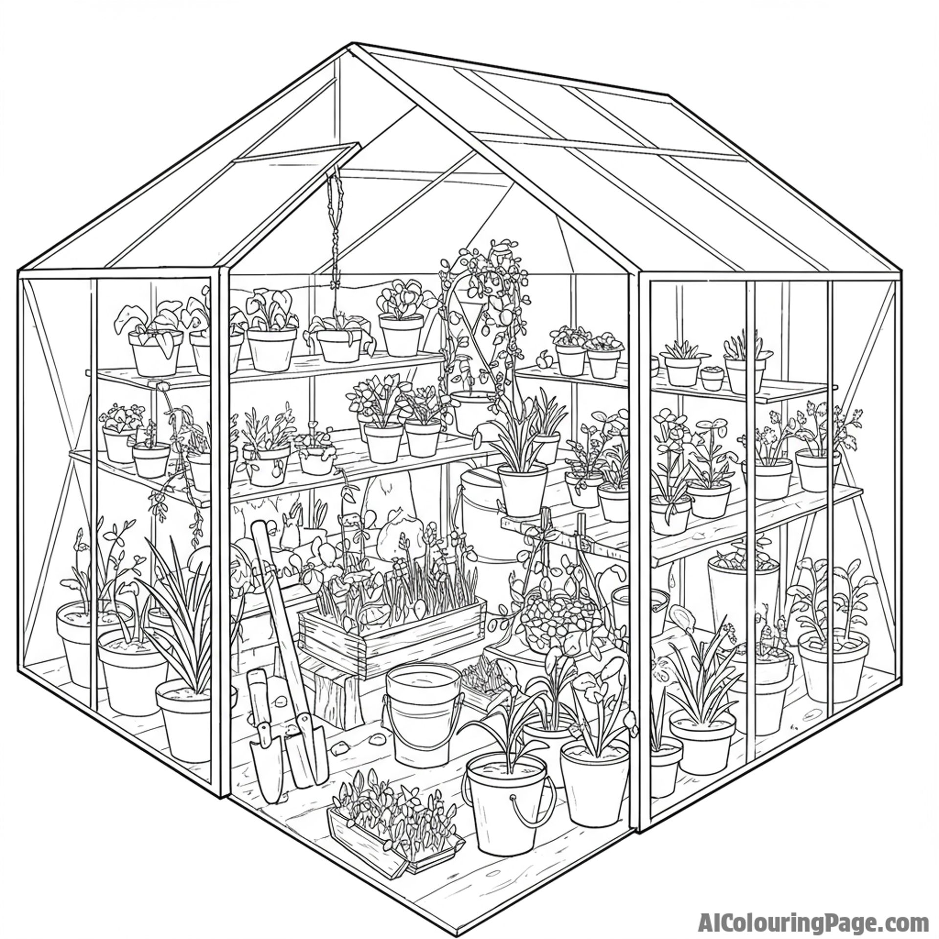 A greenhouse filled with growing plants and gardening tools.