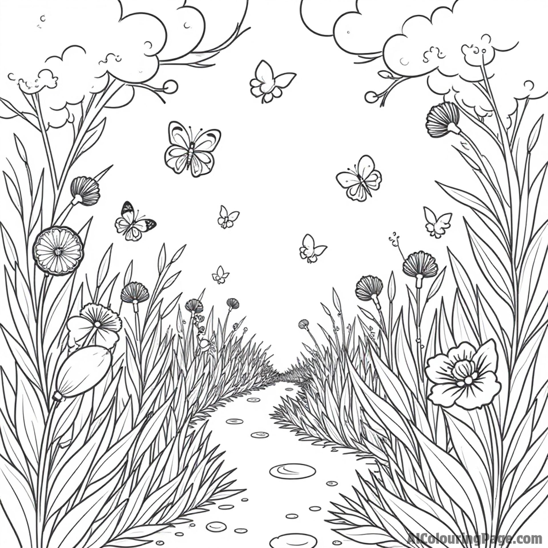 A magical candy garden filled with candy flowers, chocolate butterflies, and licorice vines for children to color and explore.