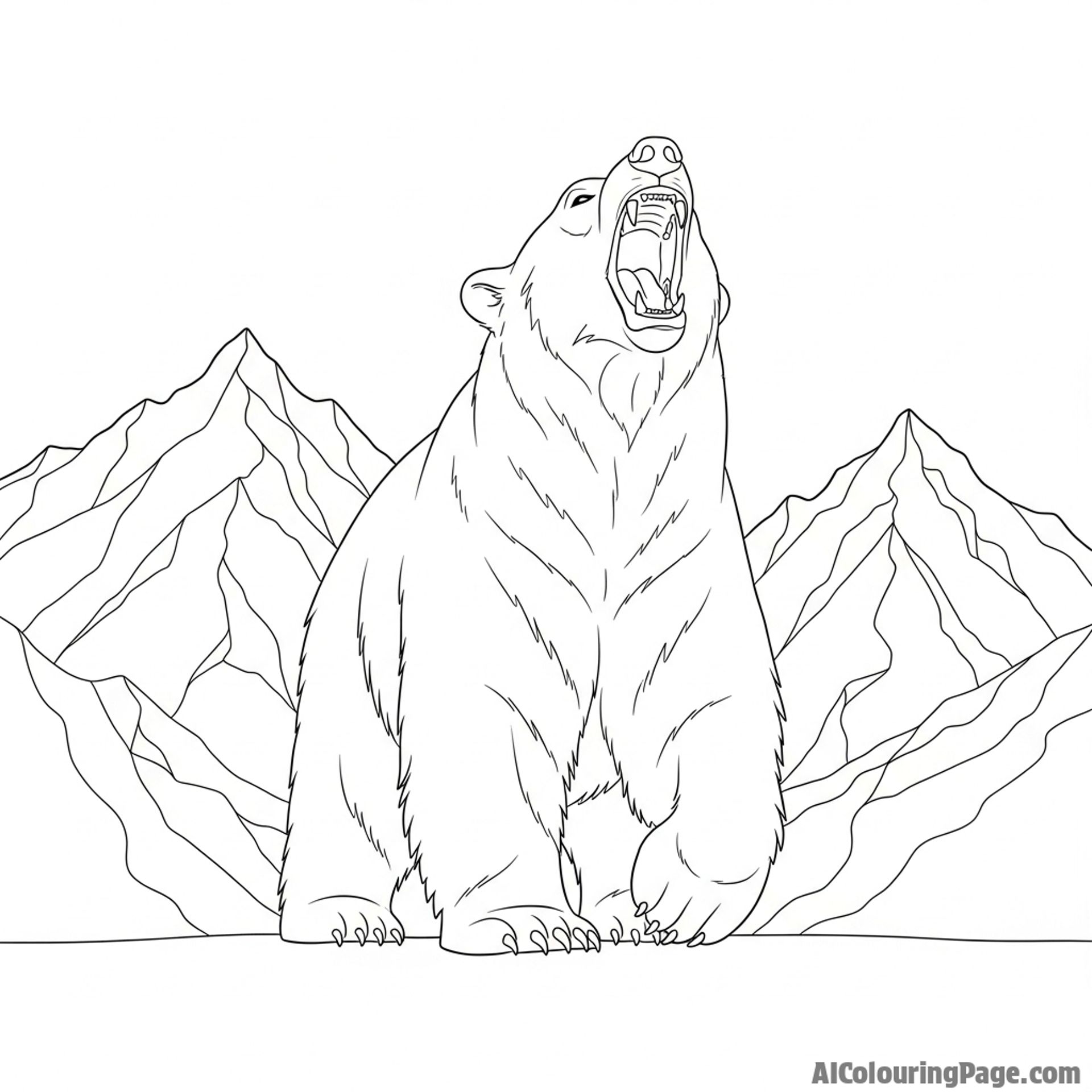 A polar bear roaring, its mouth wide open, against a backdrop of icy mountains.