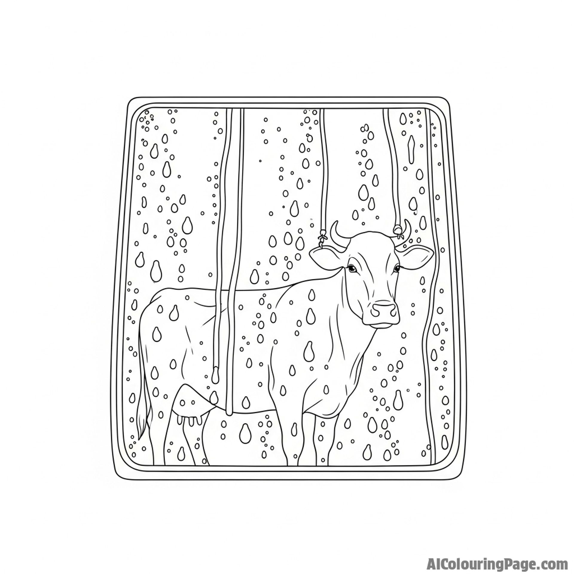 The silhouette of a cow seen through a window pane streaked with heavy raindrops.