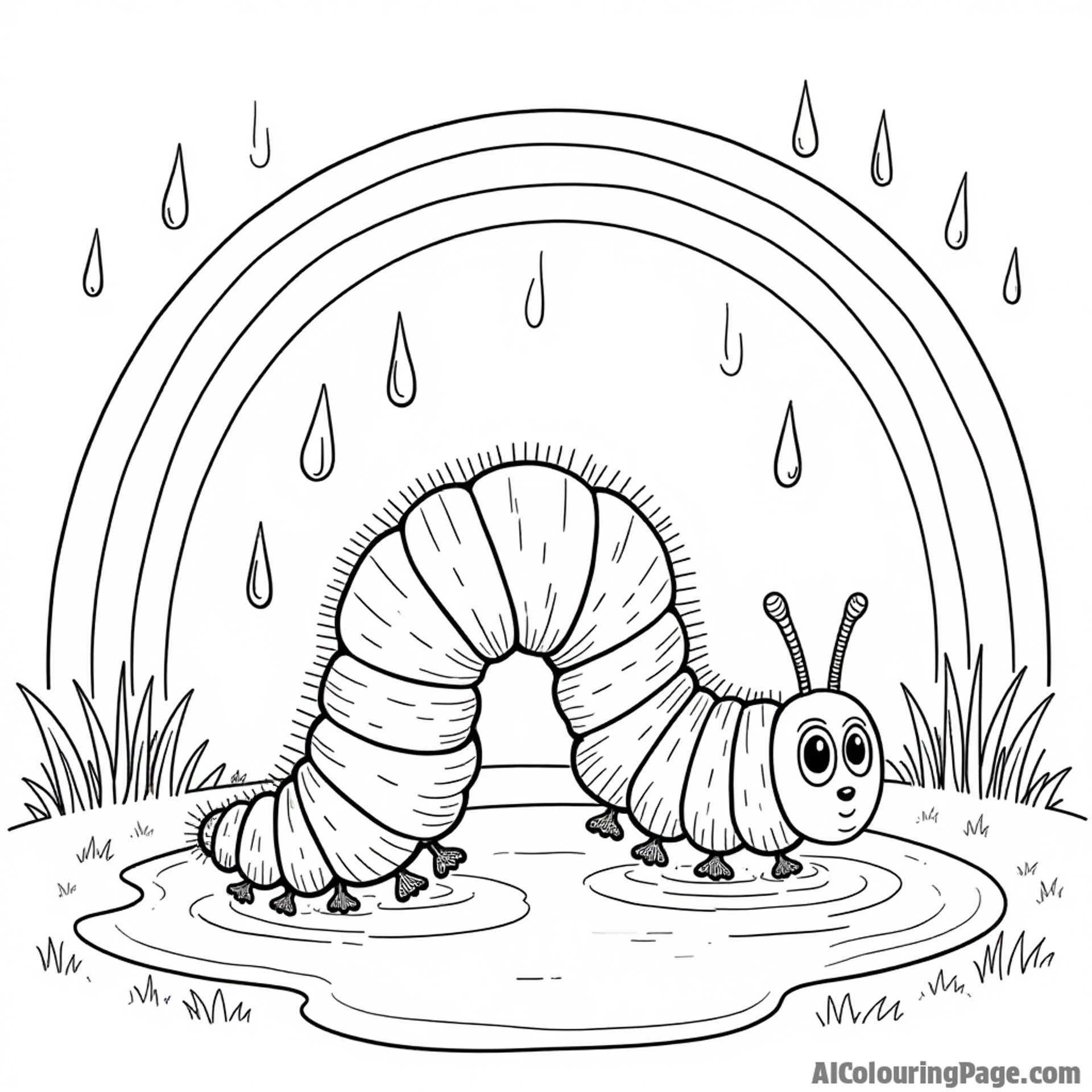 A caterpillar playing in a puddle with raindrops falling and a colorful rainbow appearing in the sky above.