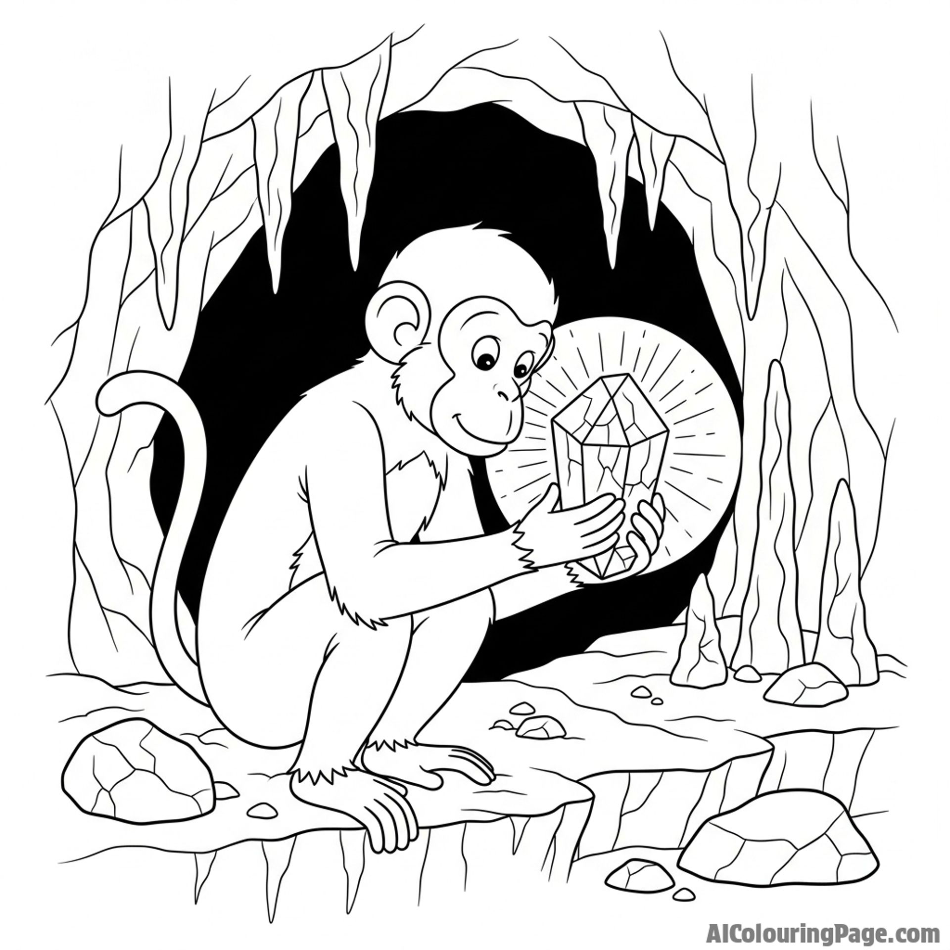 A monkey carefully examining a mysterious, glowing crystal in a dark cave.