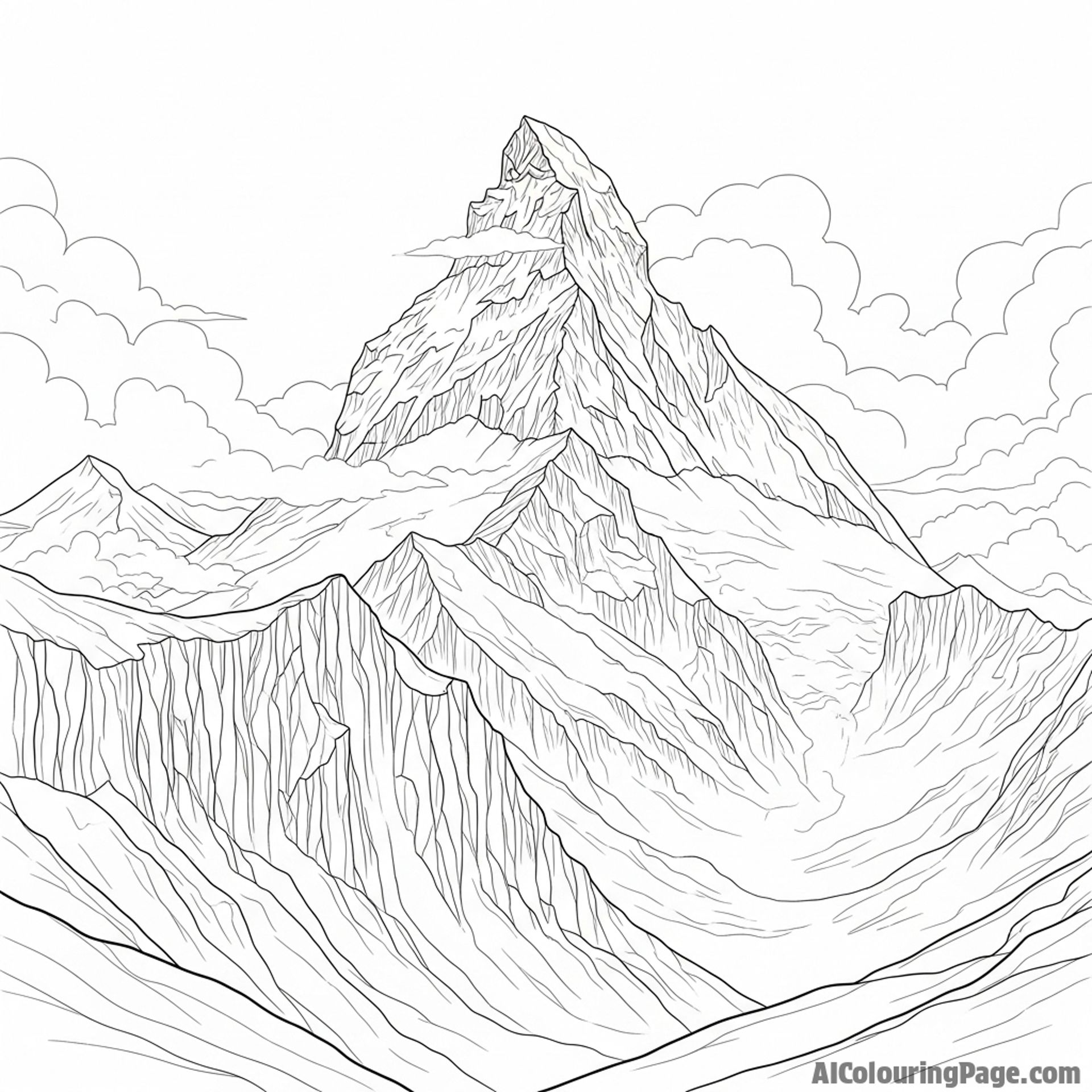 Mountain peak shrouded in mist and snow, steep cliffs covered in ice.