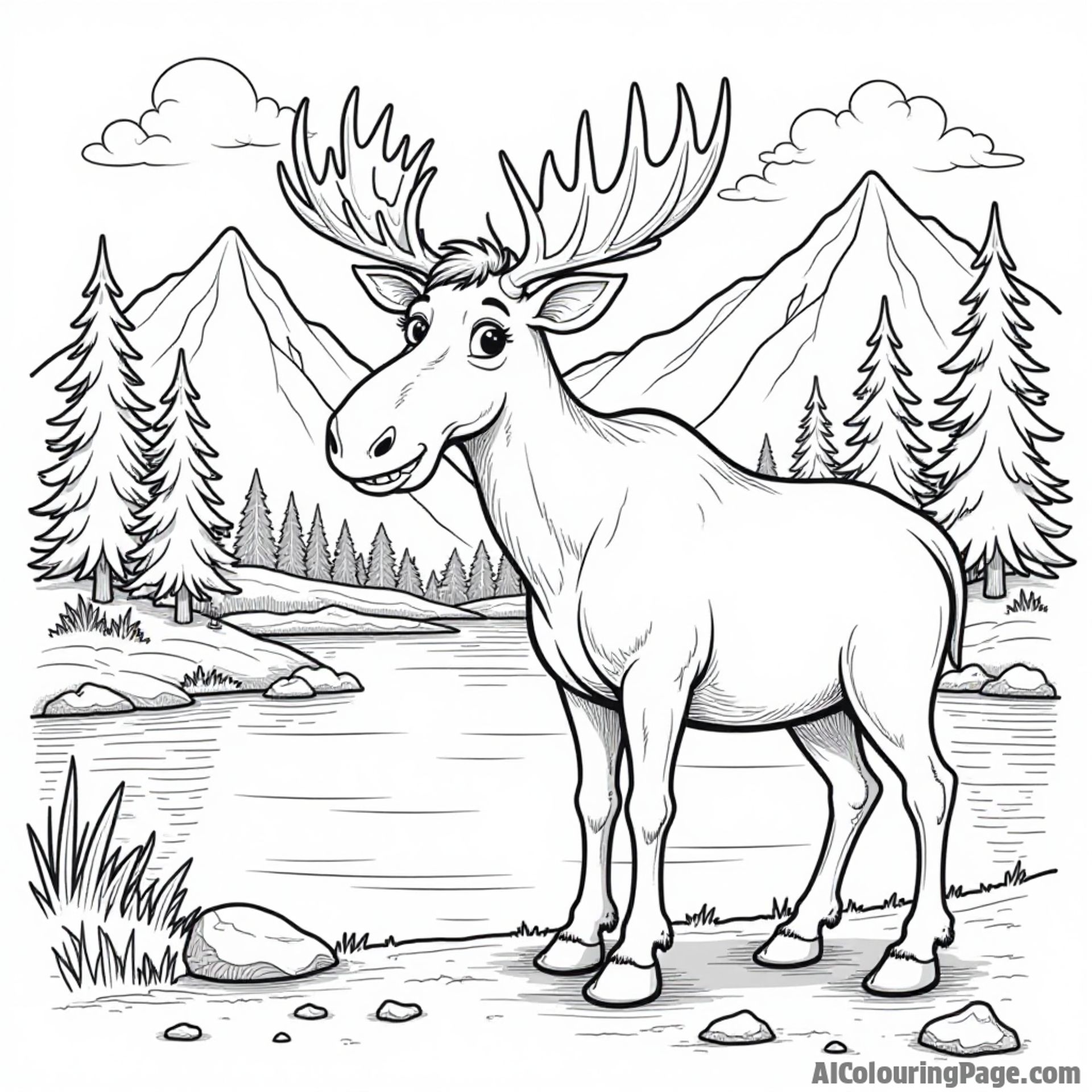 A playful moose standing in front of a beautiful lake, with mountains in the background and pine trees nearby.
