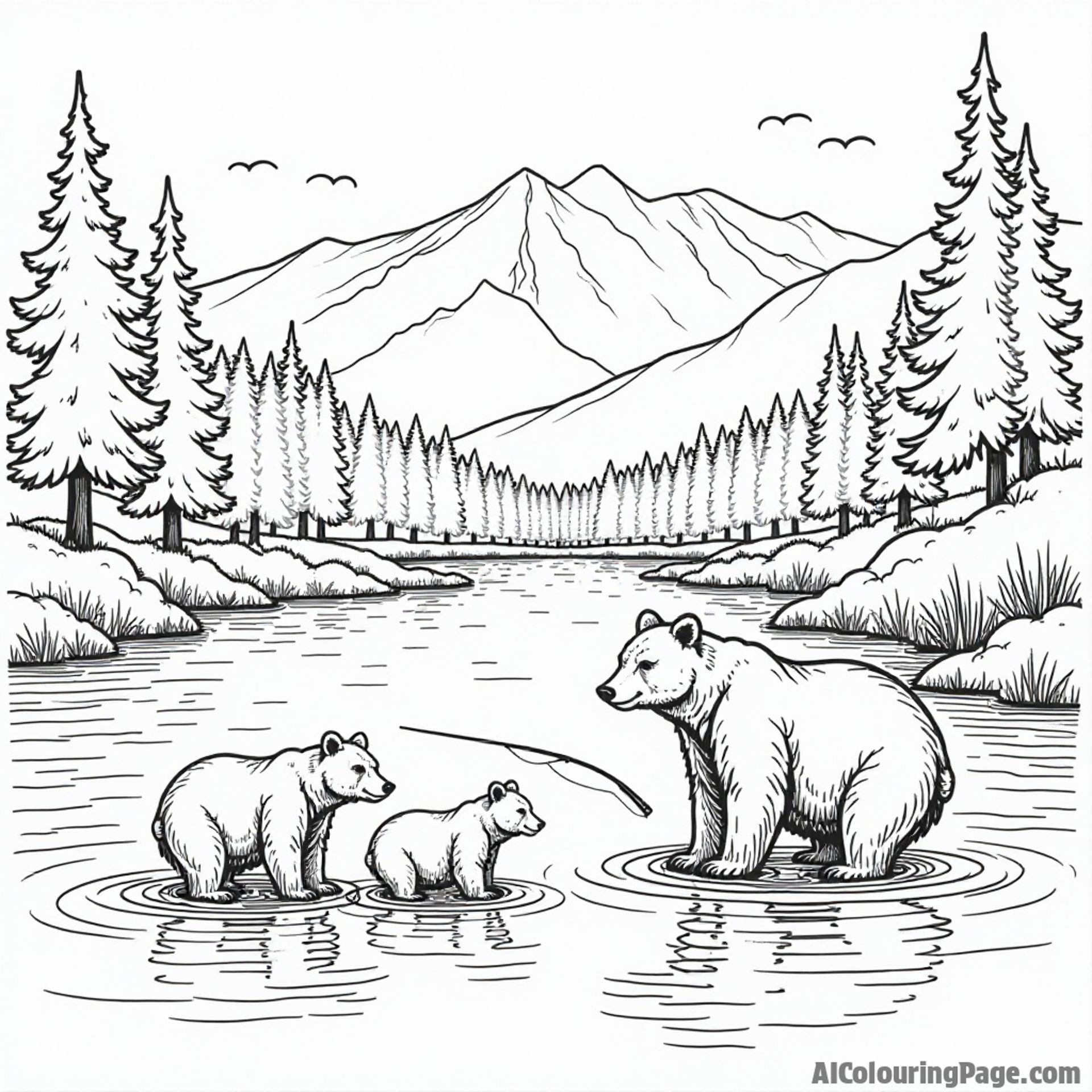 A family of bears fishing in a river, with a picturesque Vermont forest and mountains in the backdrop for creativity.