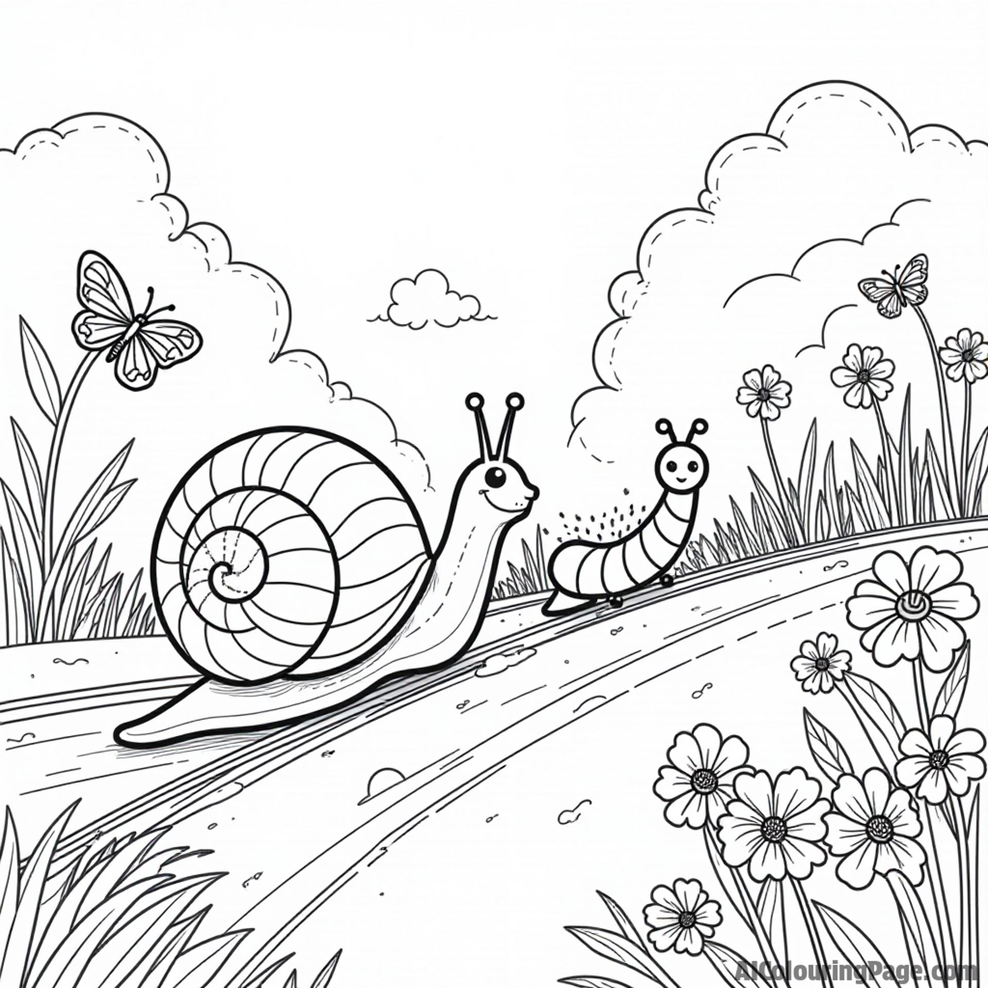 A snail racing a caterpillar, with cheering butterflies and flowers lining the colorful race track for kids to color.
