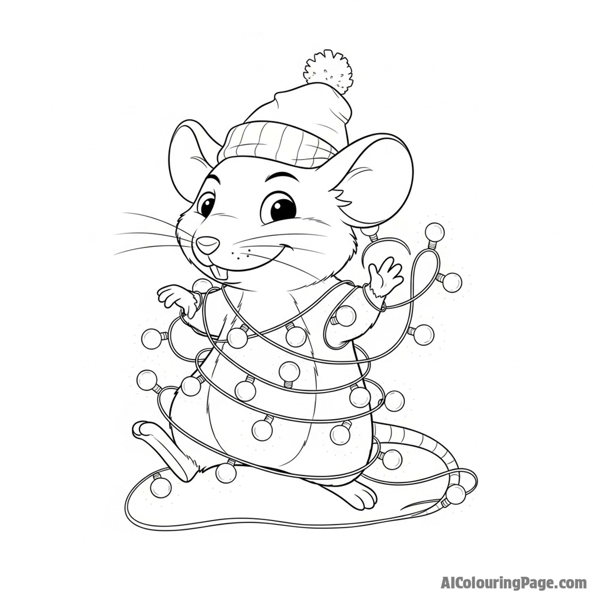 A mischievous mouse tangled in a string of softly glowing lights.