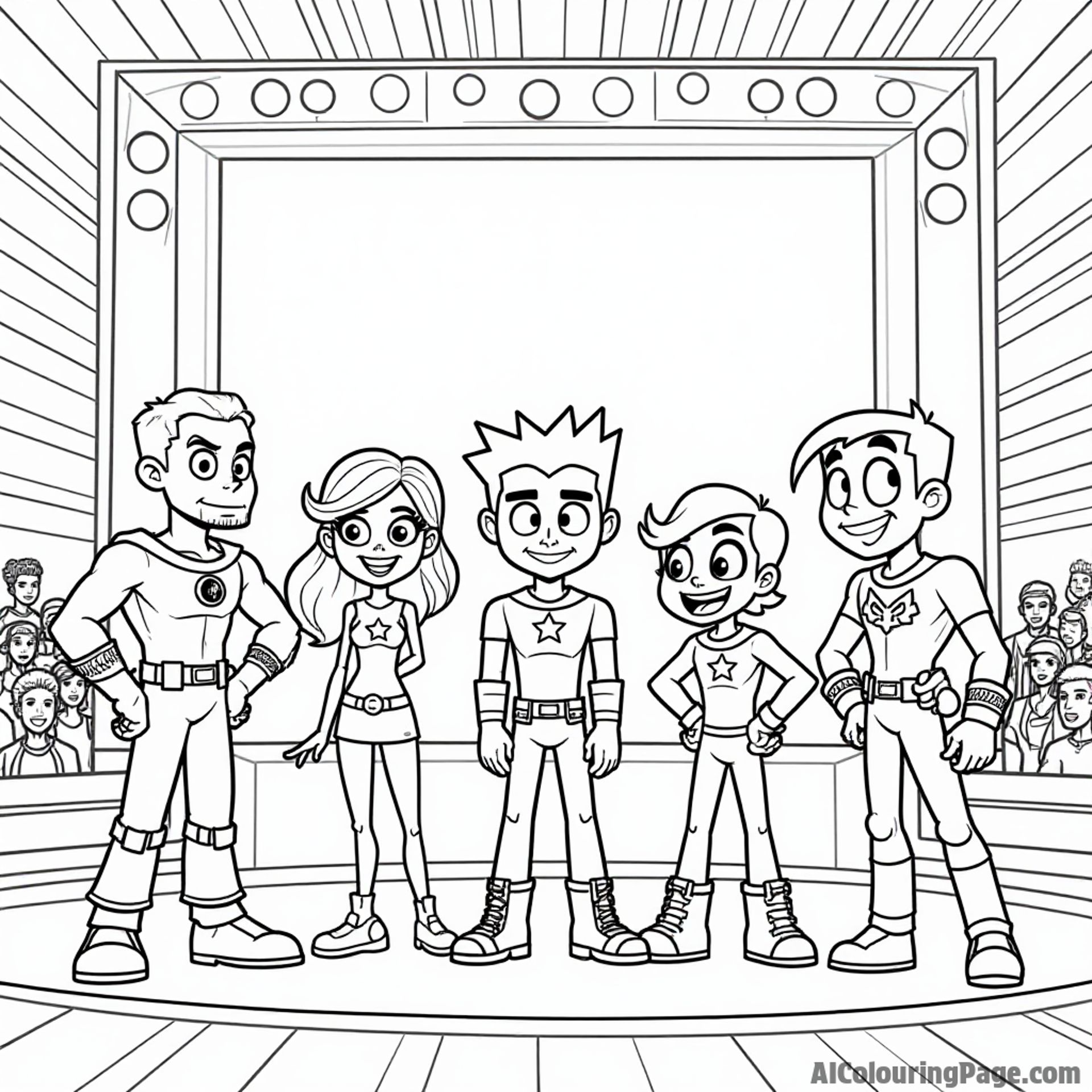 Teen Titans competing in a talent show, each showcasing their unique skills, with a colorful stage backdrop and cheering crowd.