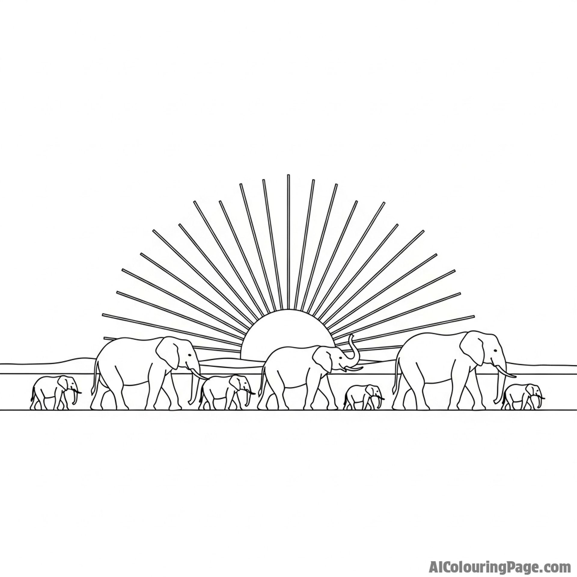 A herd of elephants silhouetted against a brilliant sunrise.
