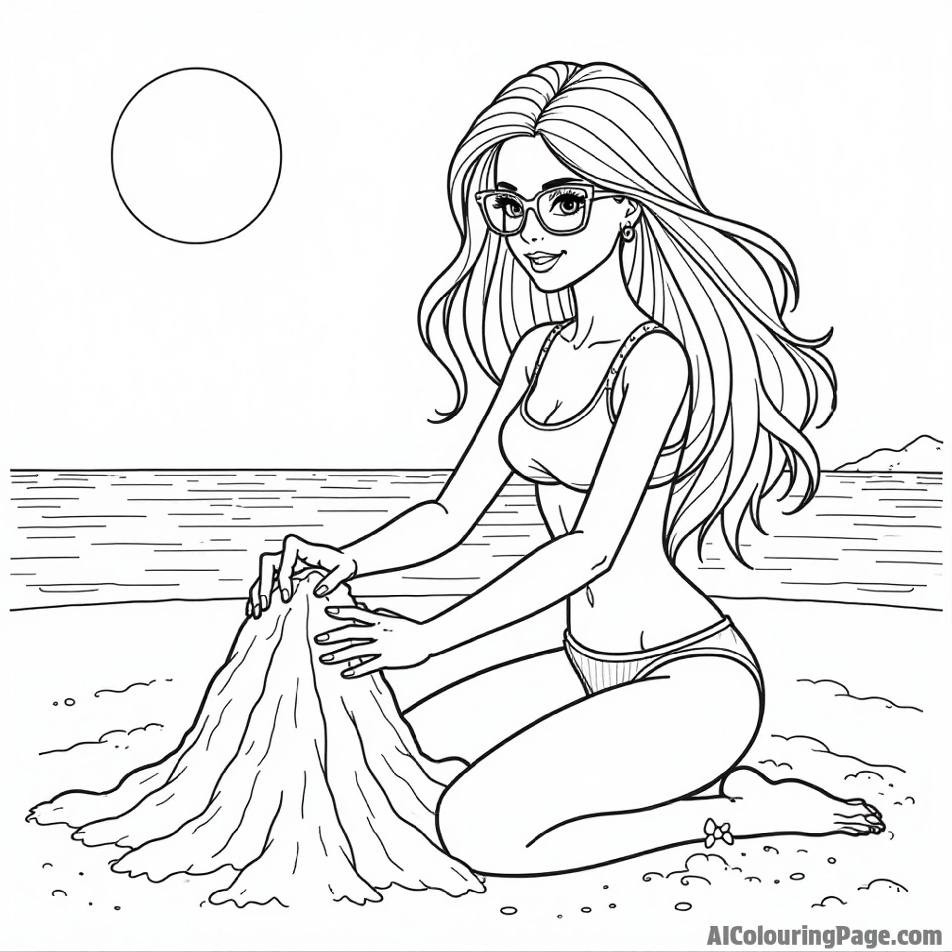 Barbie at the beach building a sandcastle, with a bucket and shovel, wearing sunglasses and a swimsuit, enjoying the sun.