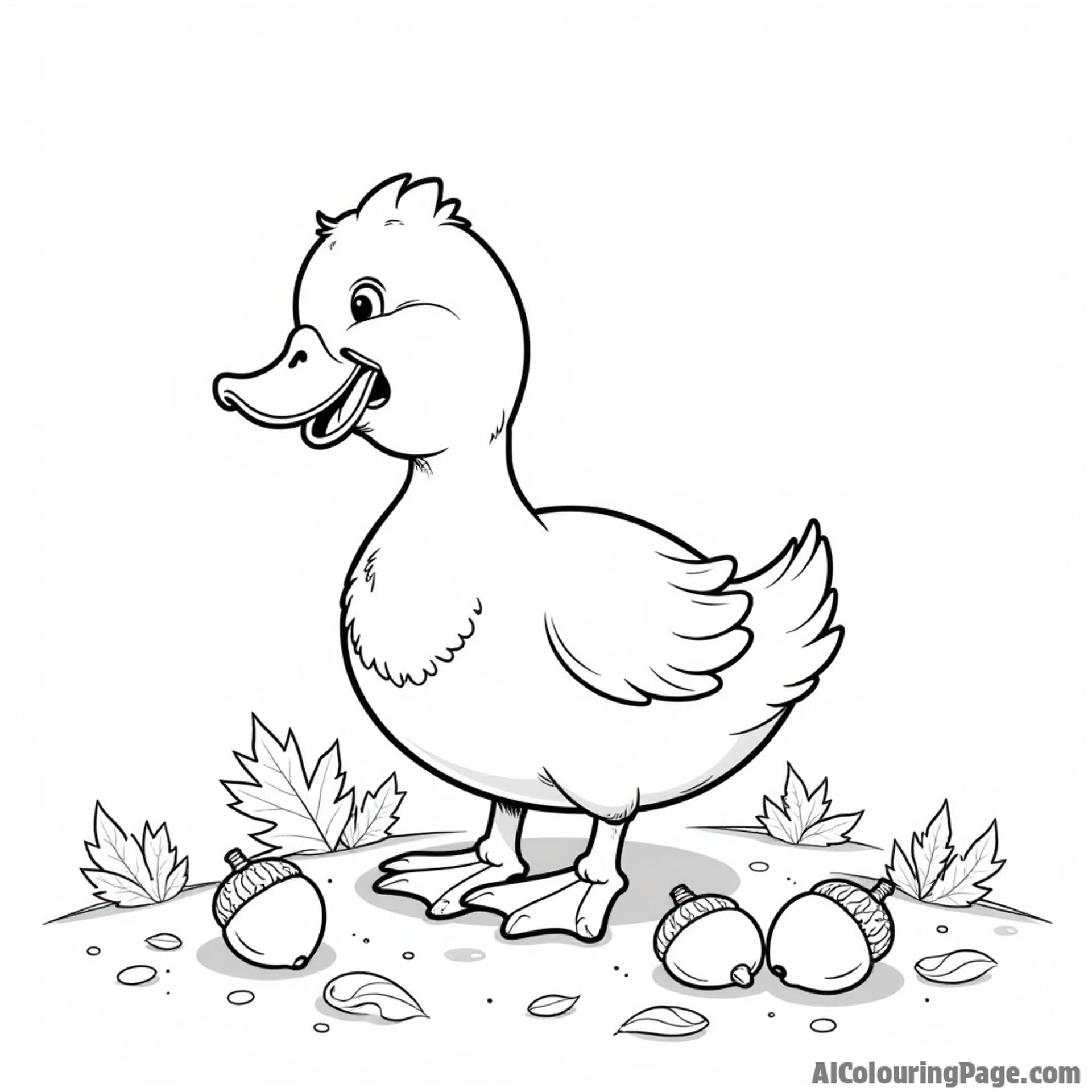 A duck playing in a pile of autumn leaves with acorns scattered around and a cheerful expression.