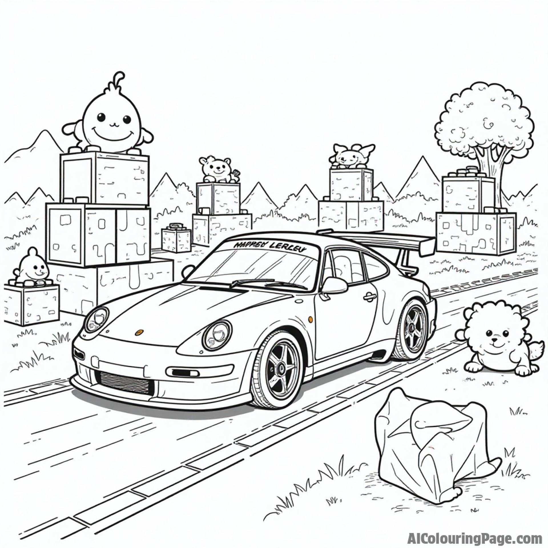A race car driving through an obstacle course made of giant toys, like building blocks and stuffed animals, sparking creativity and fun in children as they color.