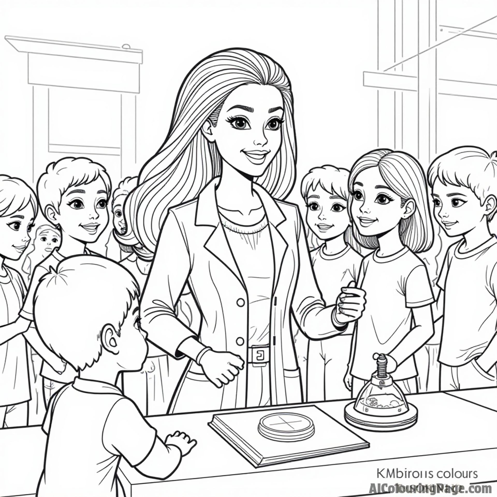 Barbie at a science fair displaying her invention, surrounded by curious kids and judges, proudly presenting her work.
