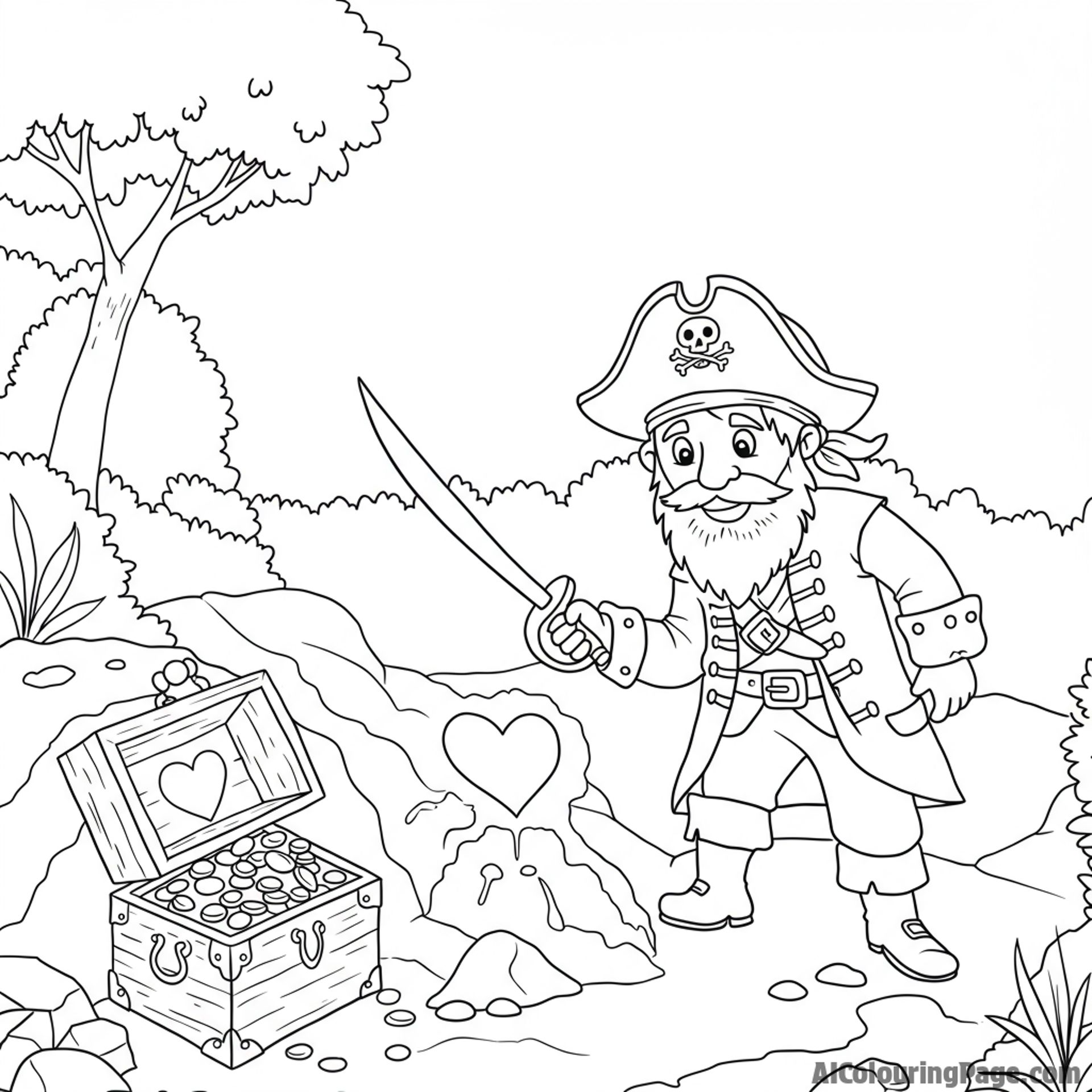 A pirate searching for a buried treasure marked by a heart.