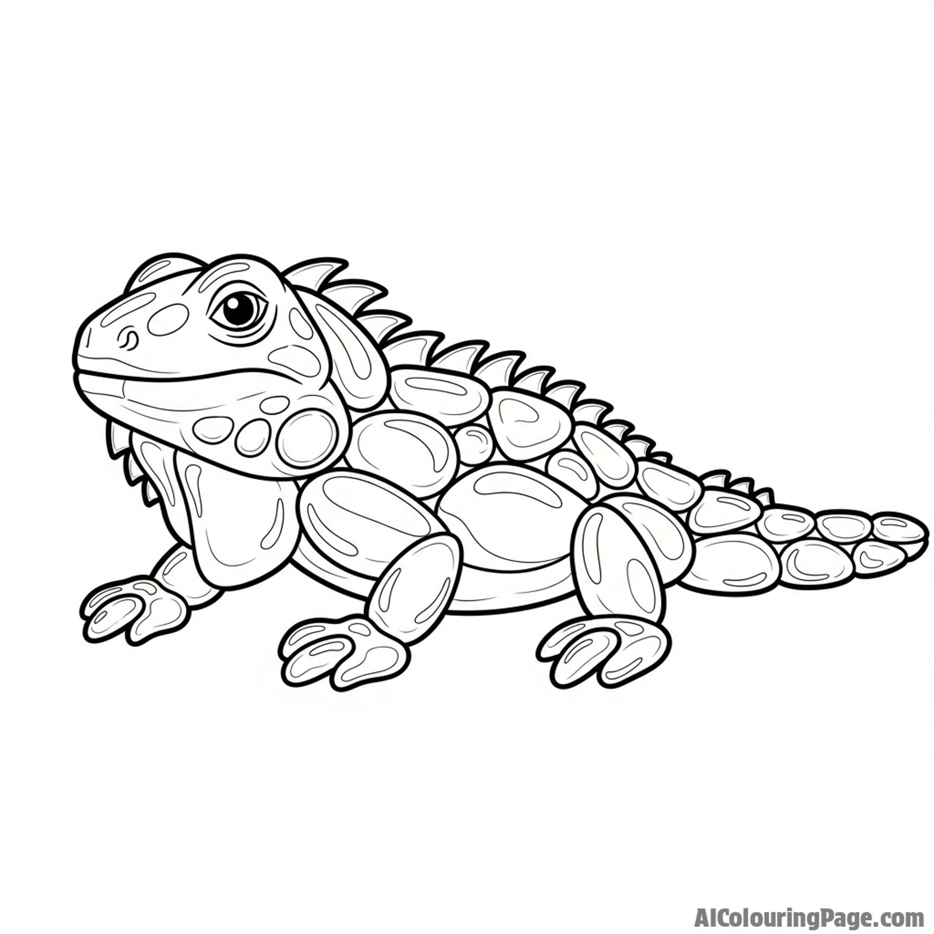 An iguana made entirely of polished, smooth river stones.
