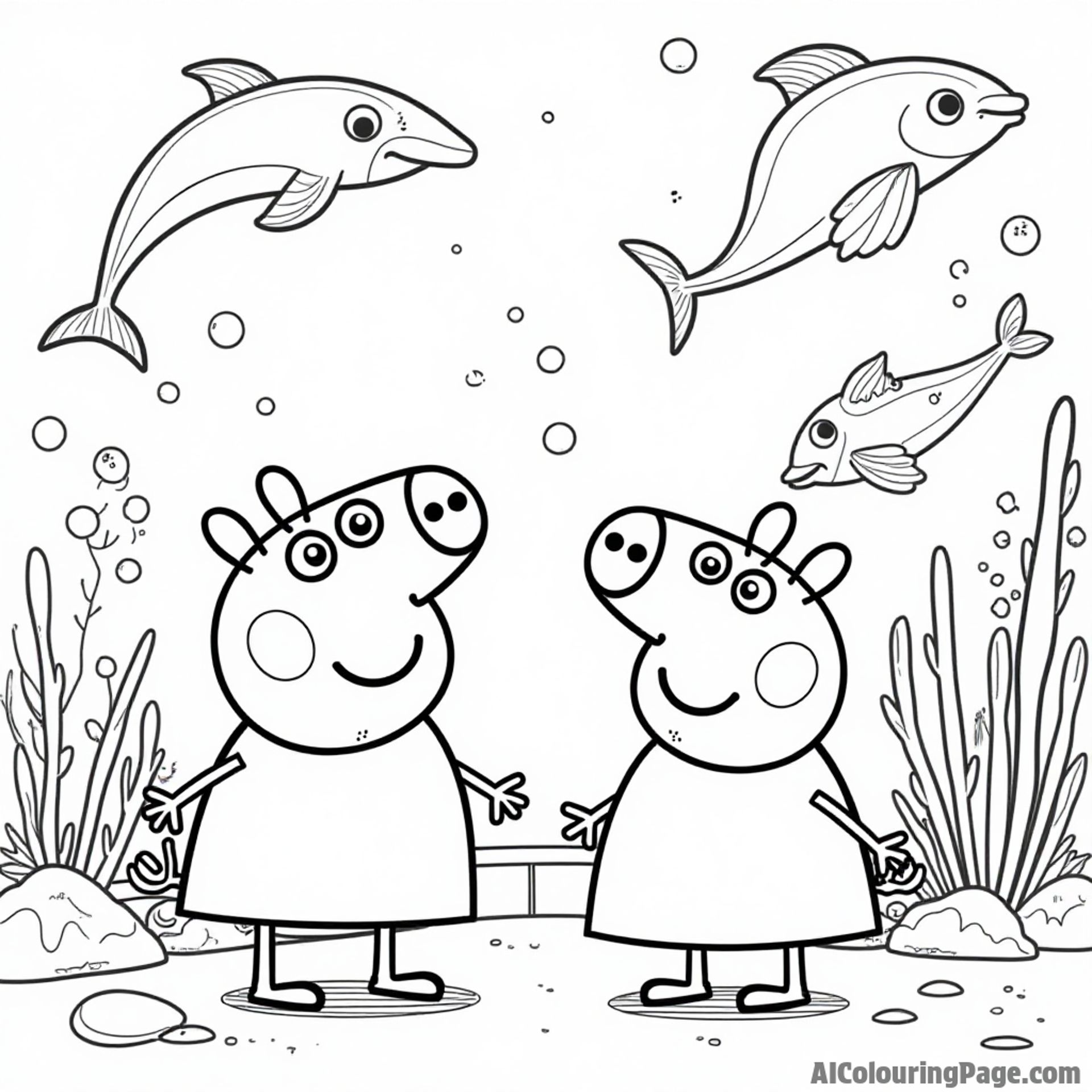 Peppa Pig and George Pig enjoying a fun day at the aquarium, watching fish, dolphins, and colorful sea creatures swim.