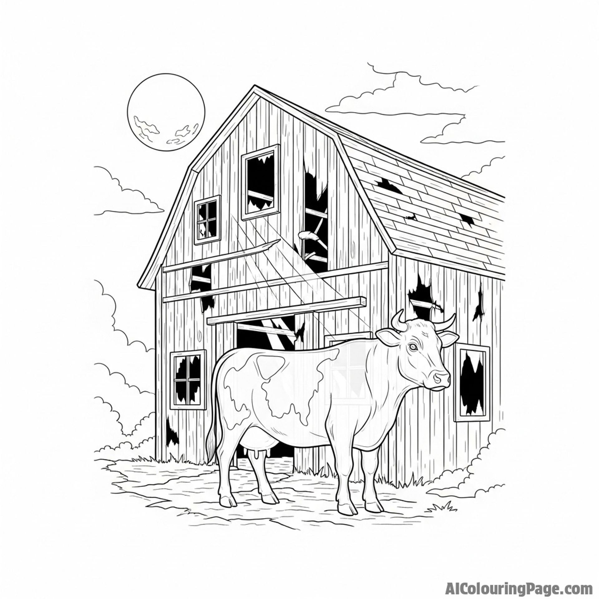 A spectral, translucent cow haunting an abandoned, moonlit barn.