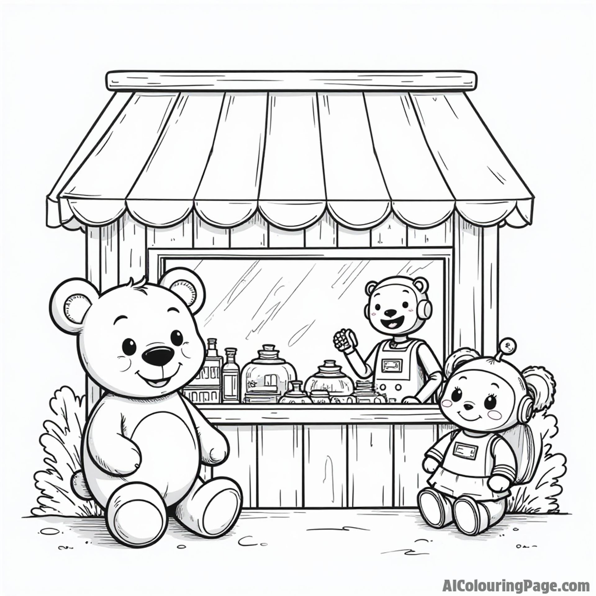 A whimsical toy store with a cheerful teddy bear, a friendly robot, and a playful doll waiting for customers.