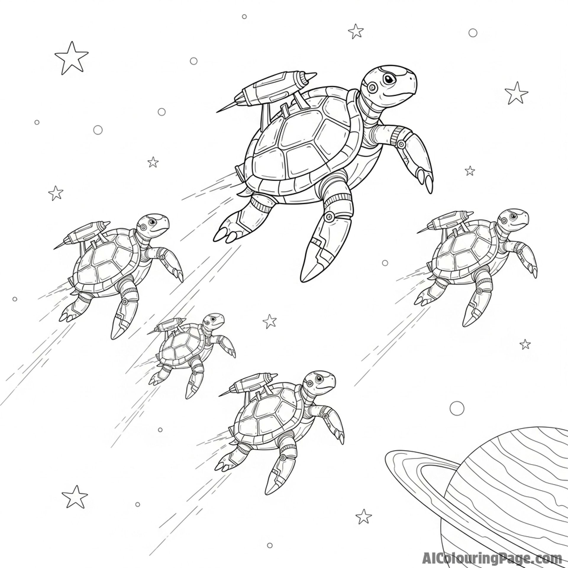 A squadron of futuristic turtles with streamlined, metallic shells in space.